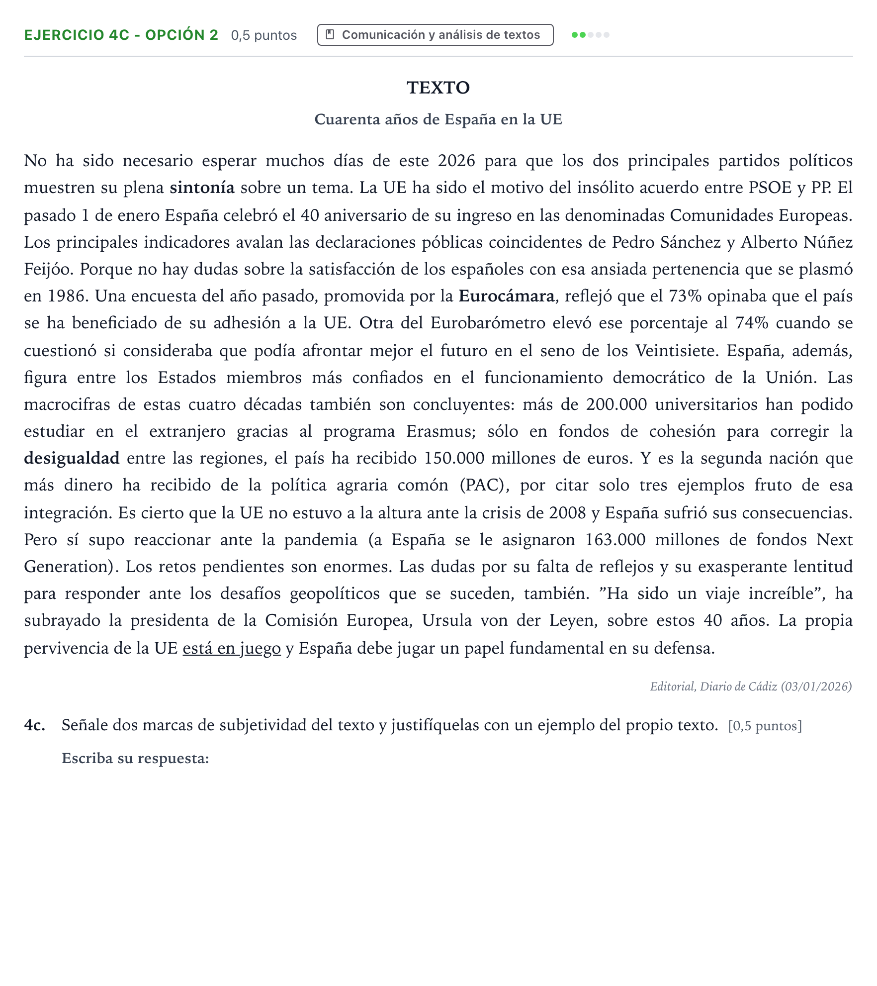 Enunciado: Ejercicio 4c - Opción 2 · Lengua Castellana y Literatura II PAU Andalucía Ordinaria Suplente 2 2026