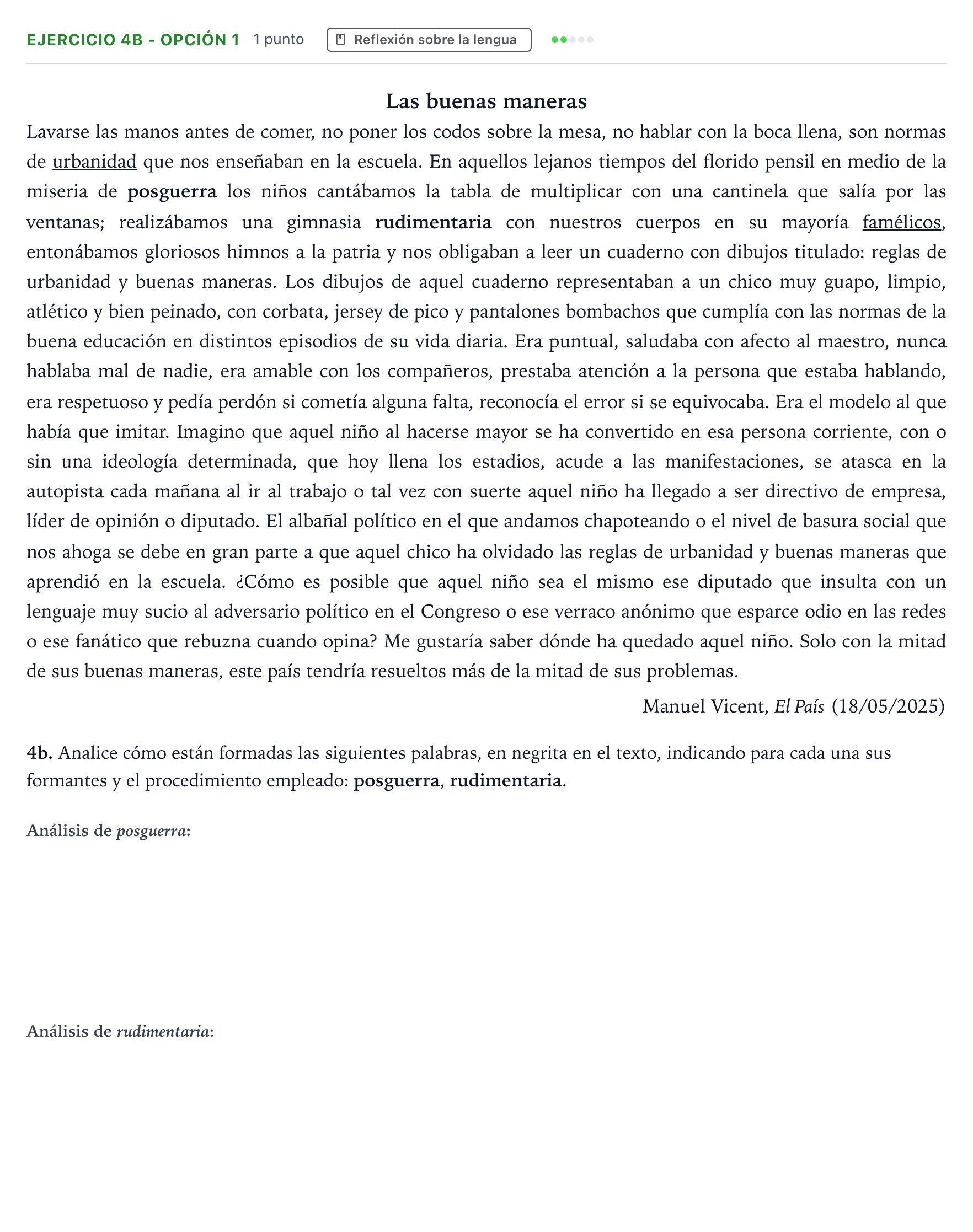 Enunciado: Ejercicio 4b - Opción 1 · Lengua Castellana y Literatura II PAU Andalucía Ordinaria Titular 2026