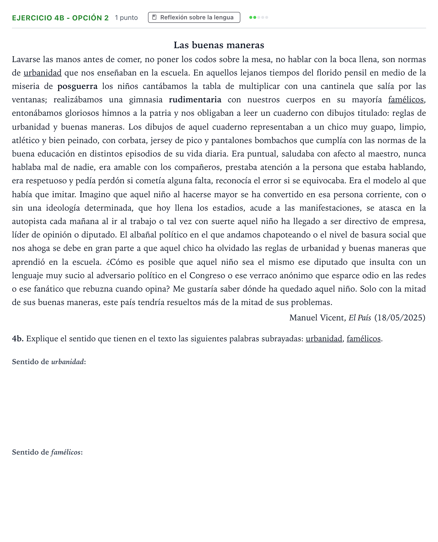 Enunciado: Ejercicio 4b - Opción 2 · Lengua Castellana y Literatura II PAU Andalucía Ordinaria Titular 2026