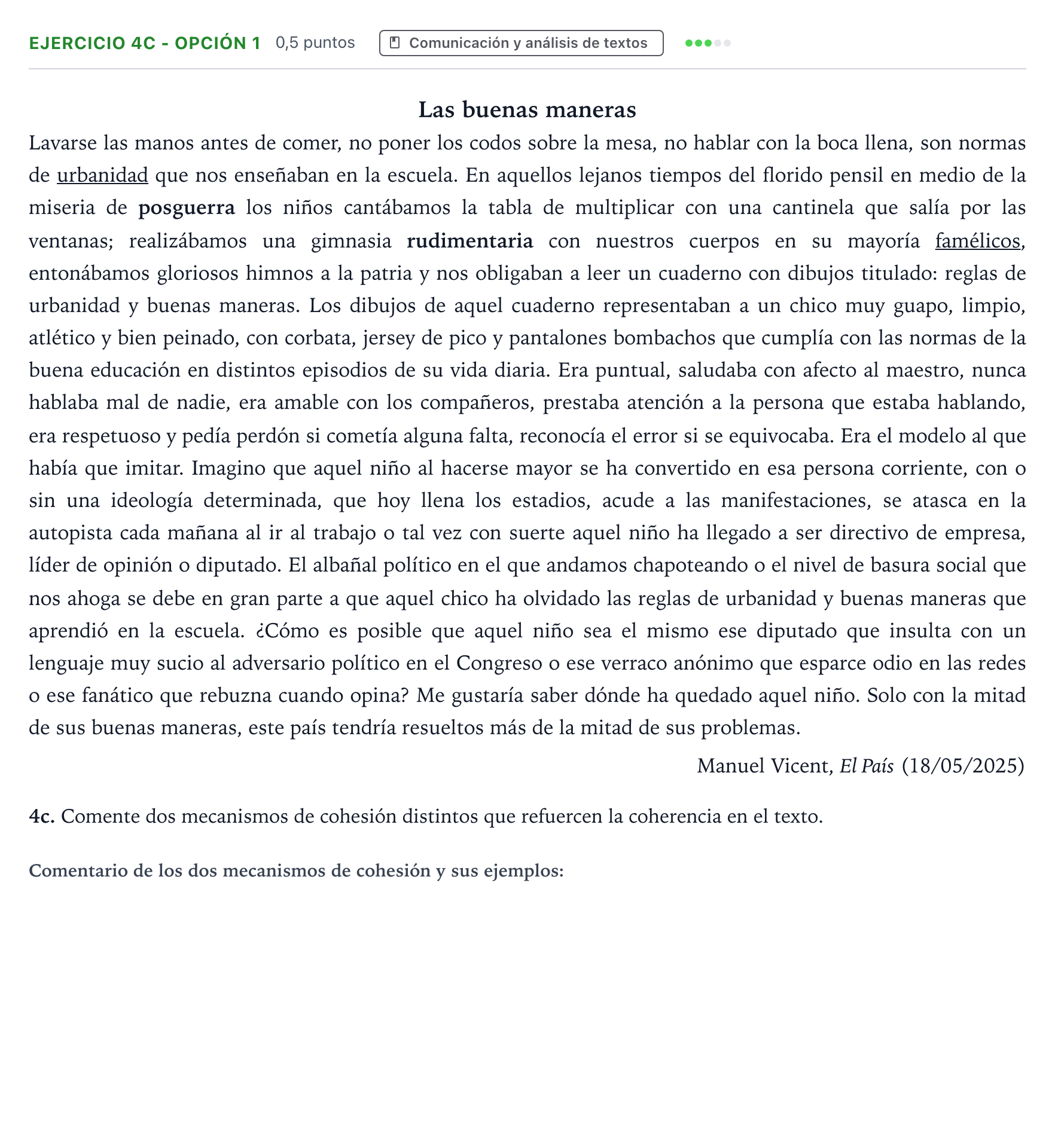 Enunciado: Ejercicio 4c - Opción 1 · Lengua Castellana y Literatura II PAU Andalucía Ordinaria Titular 2026