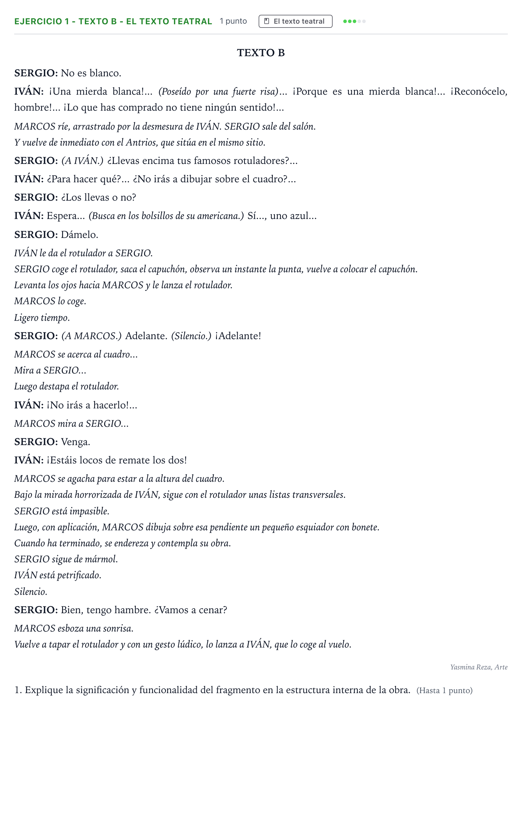 Enunciado: Ejercicio 1 - Texto B - El texto teatral · Literatura Dramática PAU Andalucía Ordinaria Titular 2026