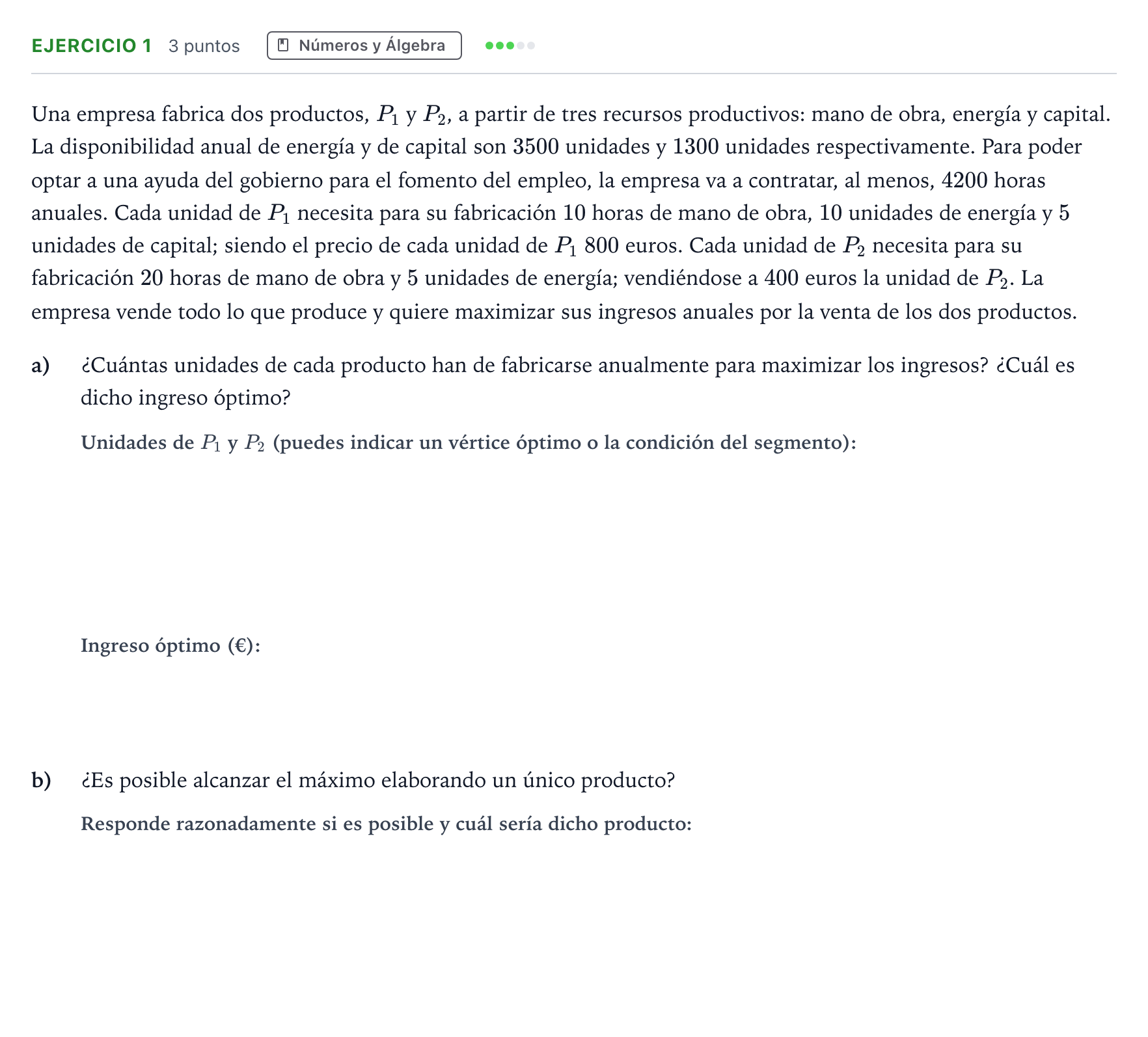 Enunciado: Ejercicio 1 · Matemáticas aplicadas a las Ciencias Sociales II PAU Andalucía Ordinaria Suplente 1 2026