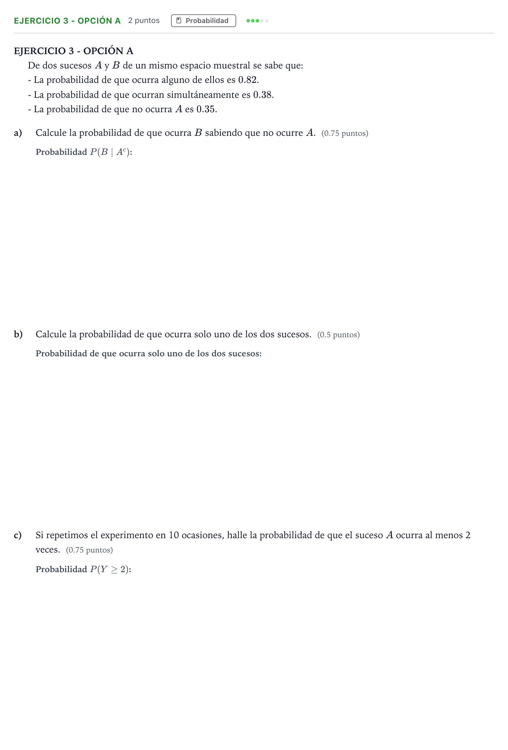 Enunciado: Ejercicio 3 - Opción A · Matemáticas aplicadas a las Ciencias Sociales II PAU Andalucía Ordinaria Suplente 2 2026
