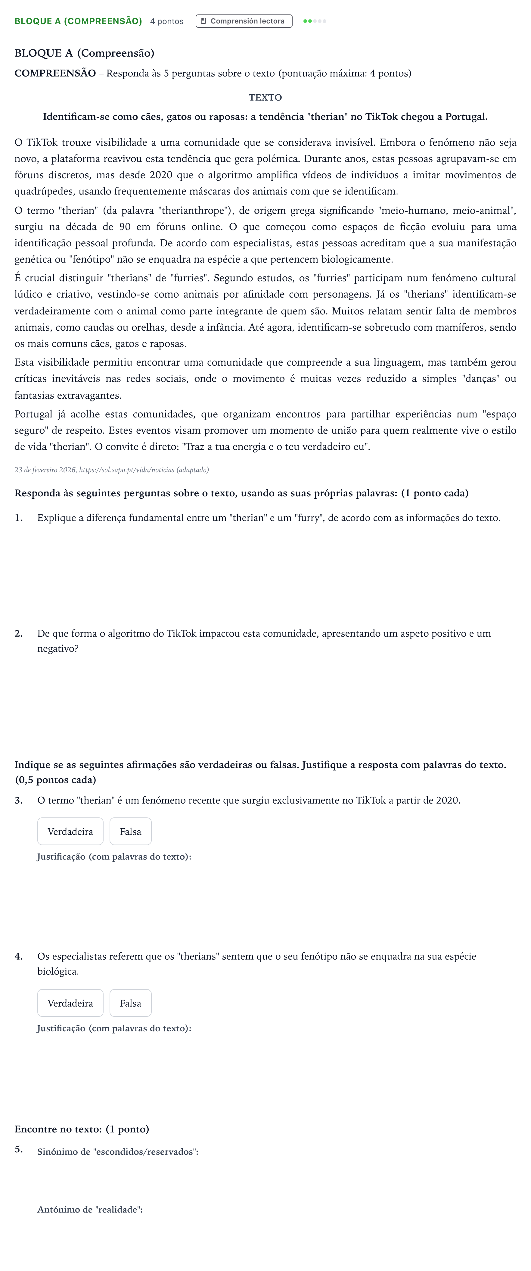 Enunciado: Bloque A (Compreensão) · Portugués PAU Andalucía Extraordinaria Titular (Acceso) 2026