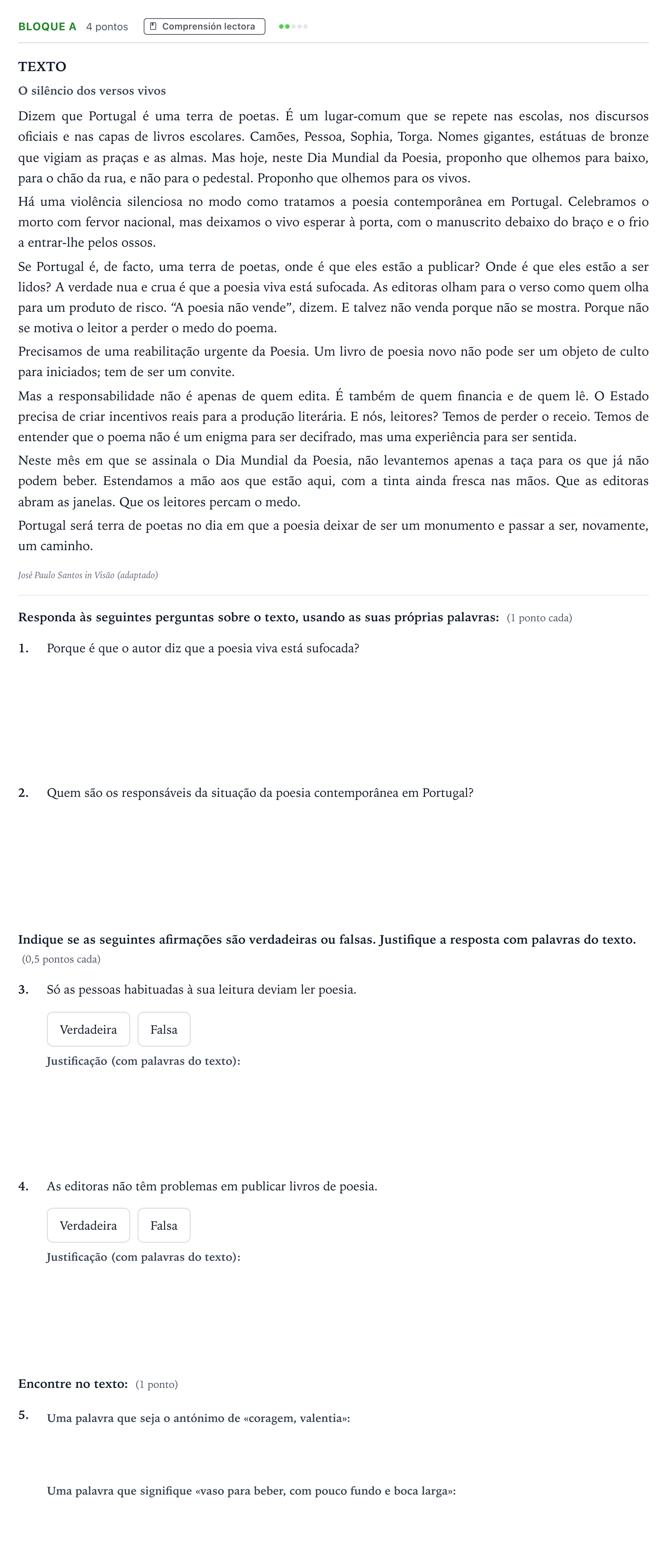 Enunciado: Bloque A · Portugués PAU Andalucía Ordinaria Titular (Acceso) 2026