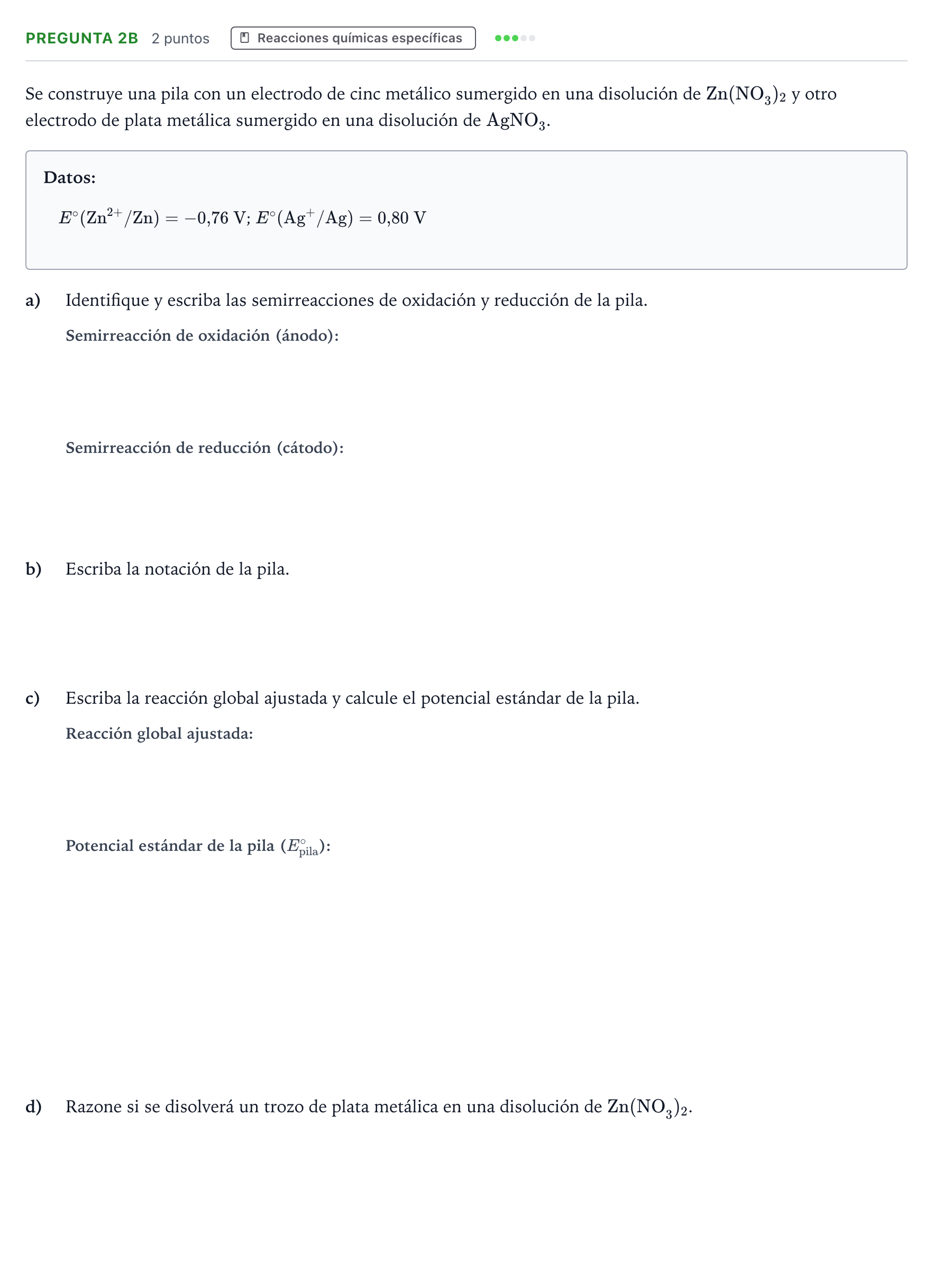 Enunciado: Pregunta 2B · Química PAU Andalucía Ordinaria Suplente 1 2026