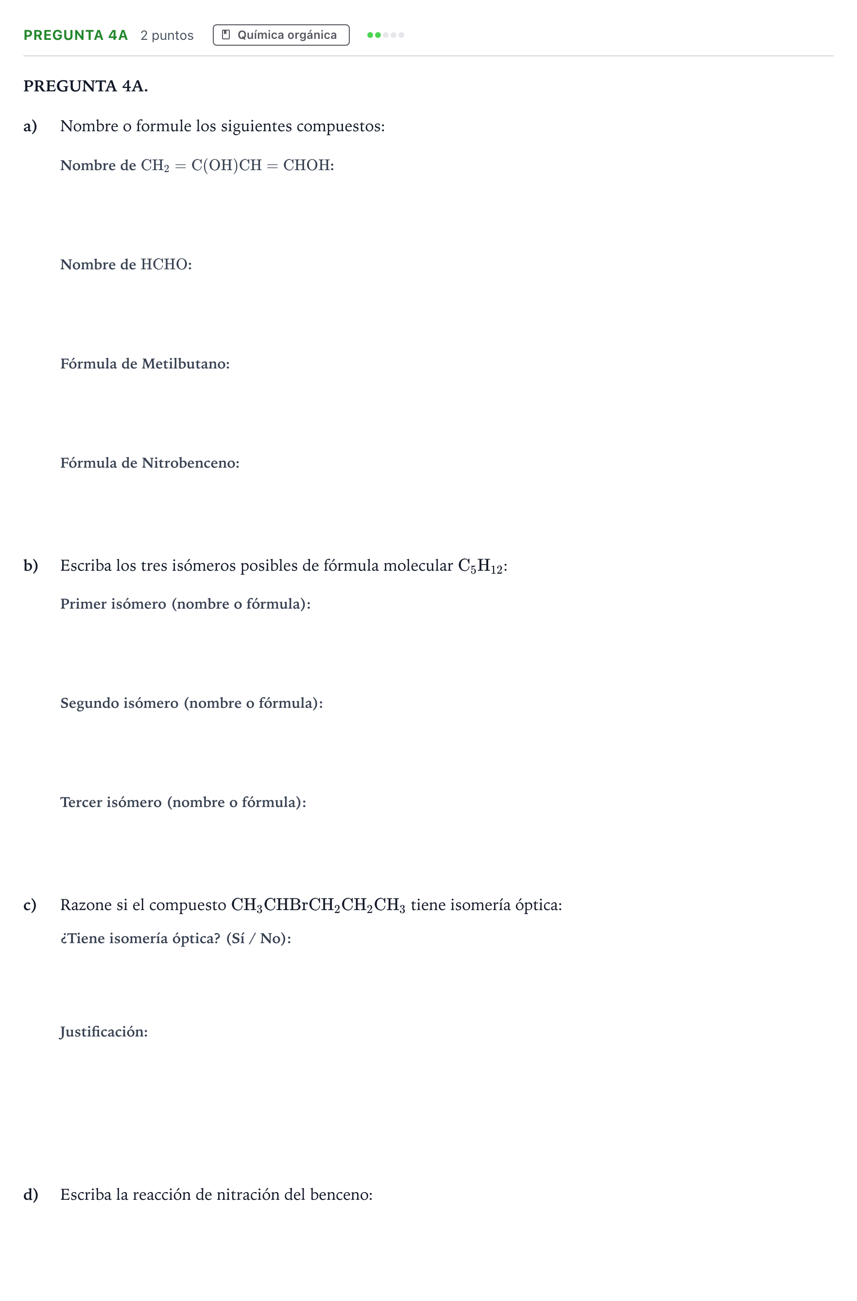 Enunciado: Pregunta 4A · Química PAU Andalucía Ordinaria Suplente 1 2026