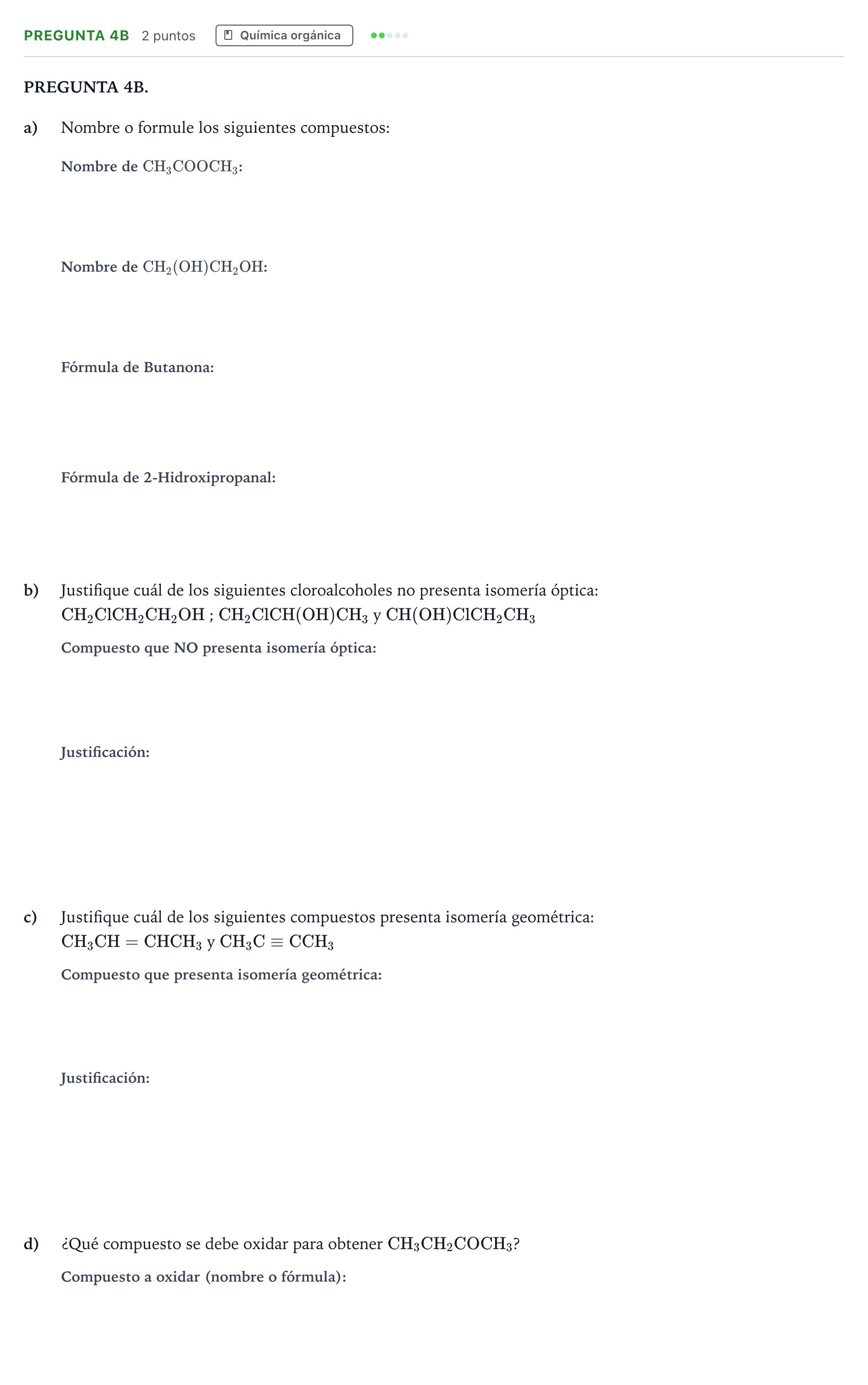 Enunciado: Pregunta 4B · Química PAU Andalucía Ordinaria Suplente 1 2026