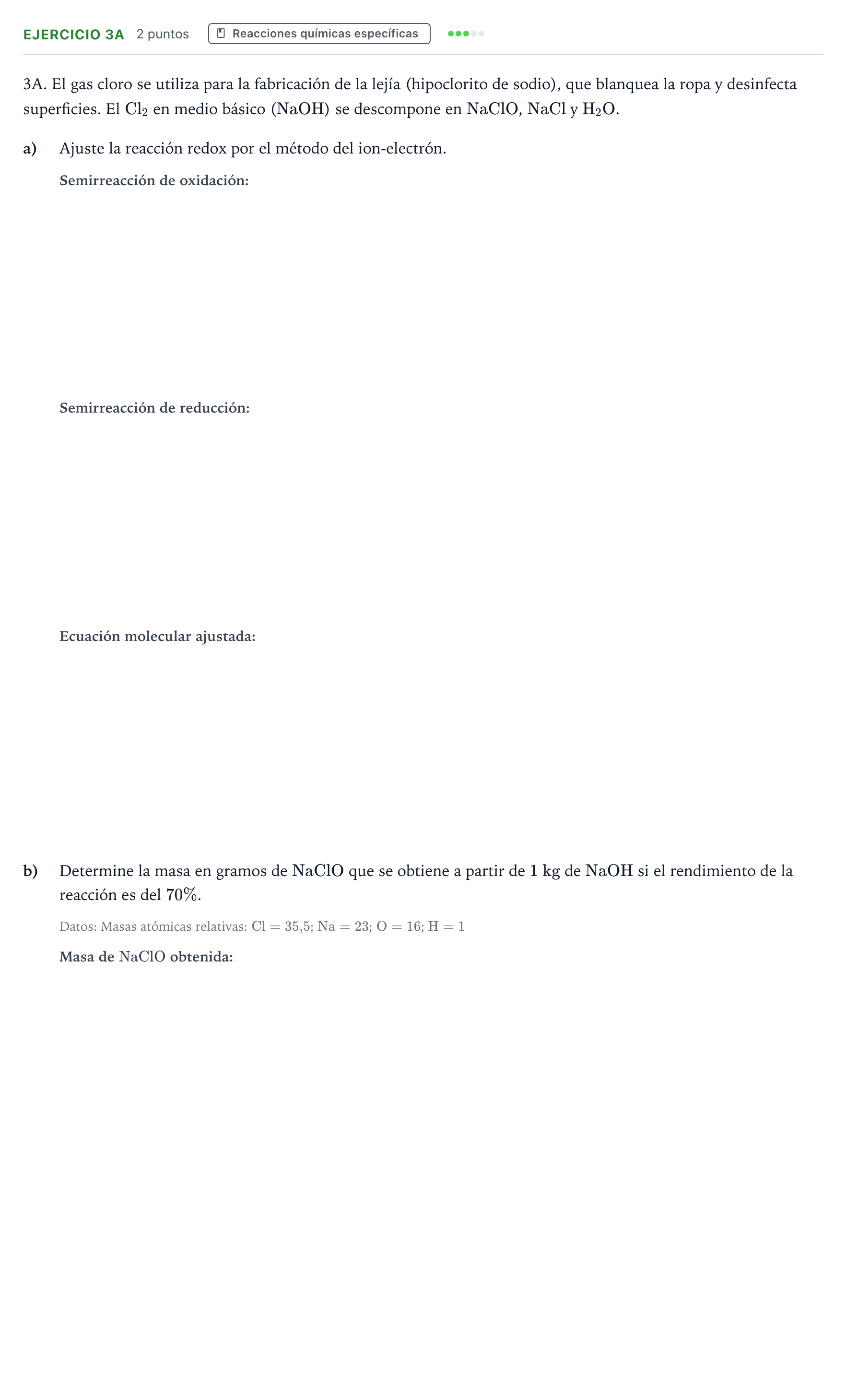 Enunciado: Ejercicio 3A · Química PAU Andalucía Ordinaria Suplente 2 2026