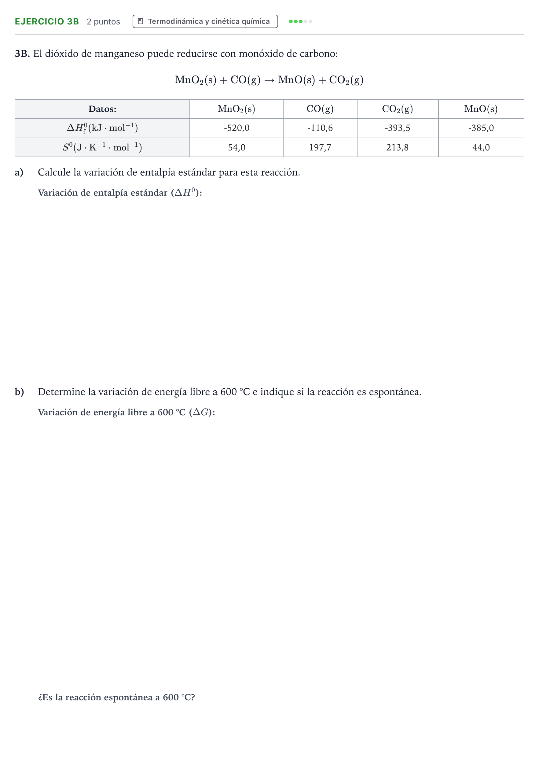 Enunciado: Ejercicio 3B · Química PAU Andalucía Ordinaria Suplente 2 2026
