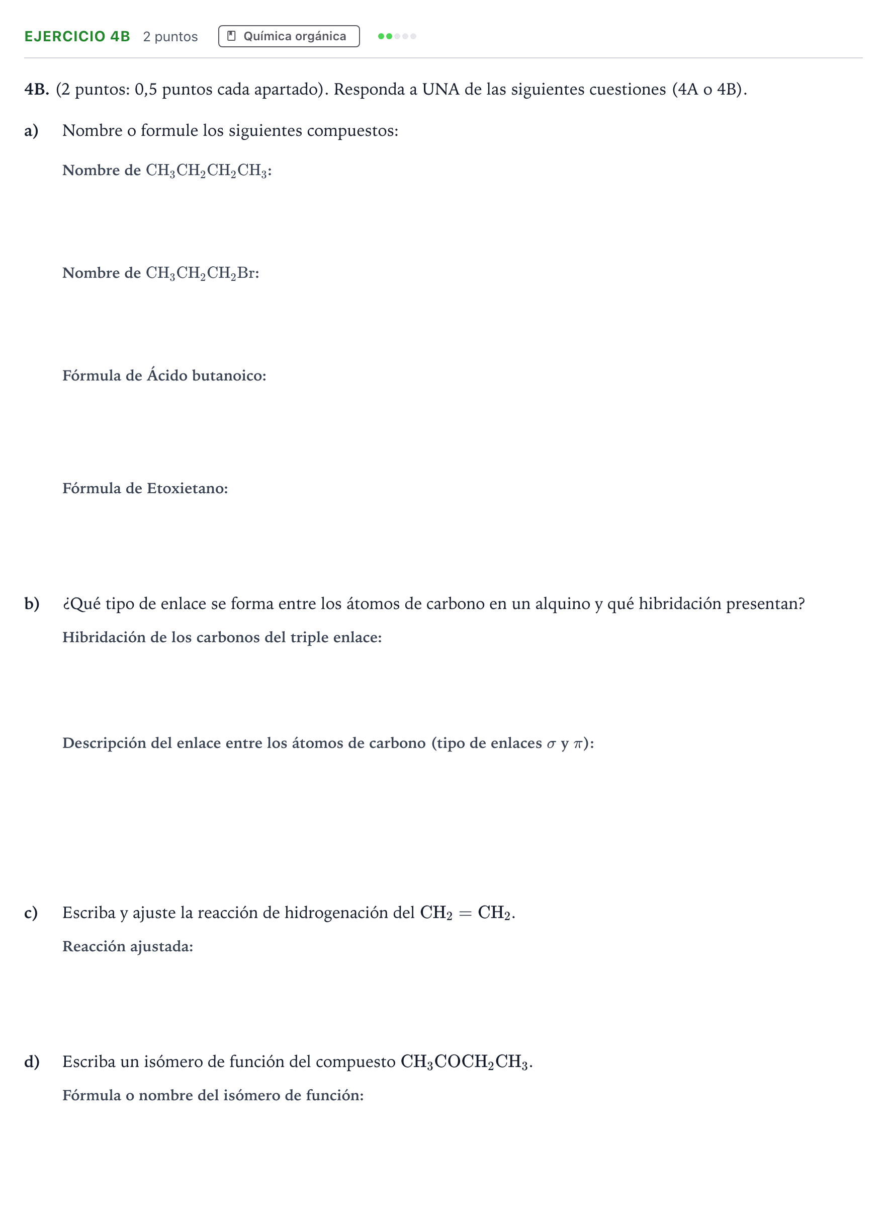 Enunciado: Ejercicio 4B · Química PAU Andalucía Ordinaria Suplente 2 2026