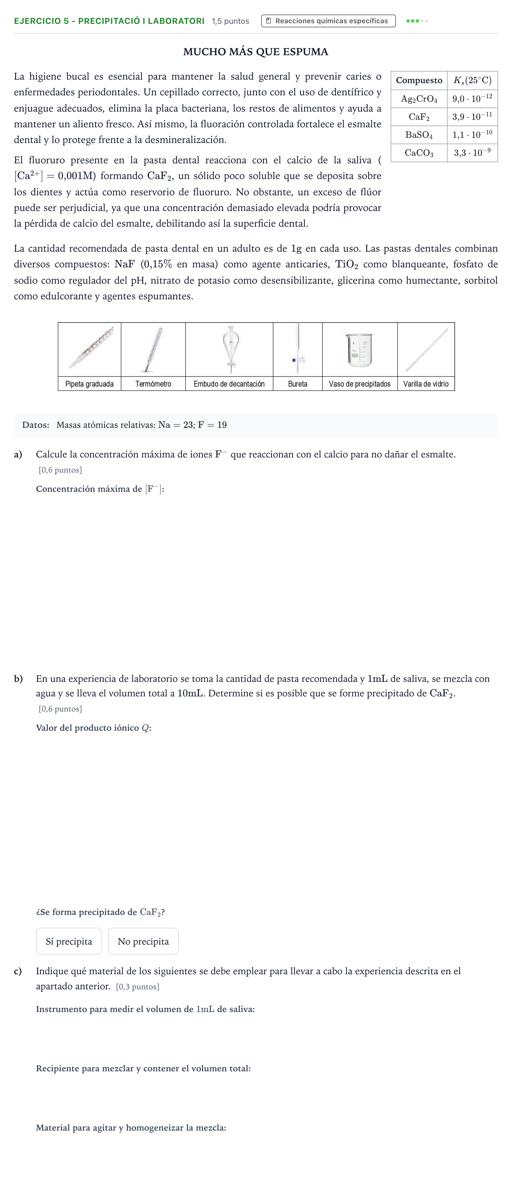 Enunciado: Ejercicio 5 - Precipitació i laboratori · Química PAU Andalucía Ordinaria Suplente 2 2026