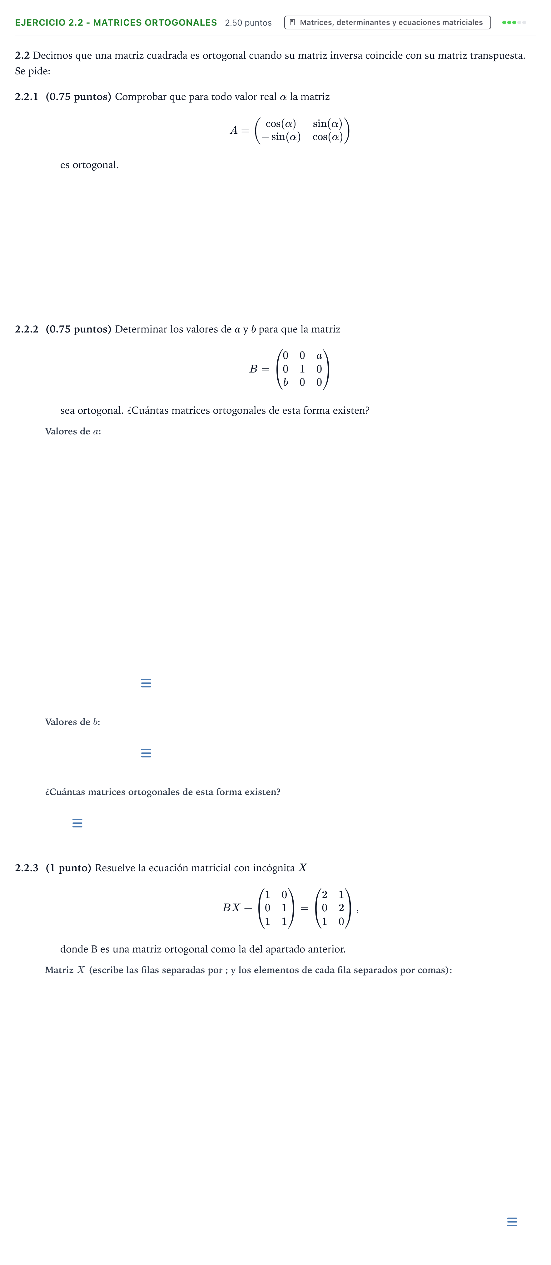 Enunciado: Ejercicio 2.2 - Matrices ortogonales · Matemáticas II PAU Valencia Ordinaria 2026