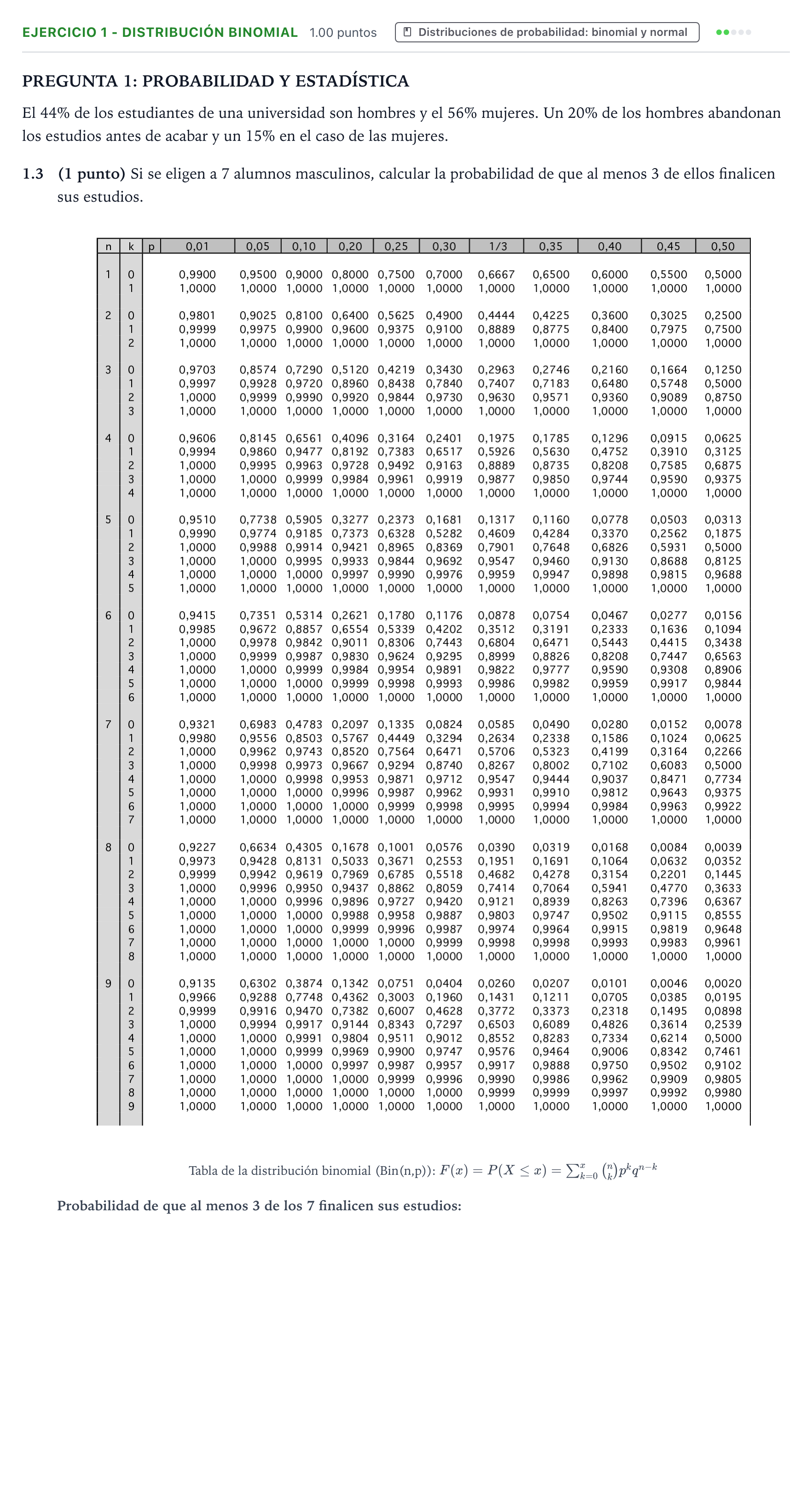Enunciado: Ejercicio 1 - Distribución binomial · Matemáticas II PAU Valencia Extraordinaria solapamiento 2026