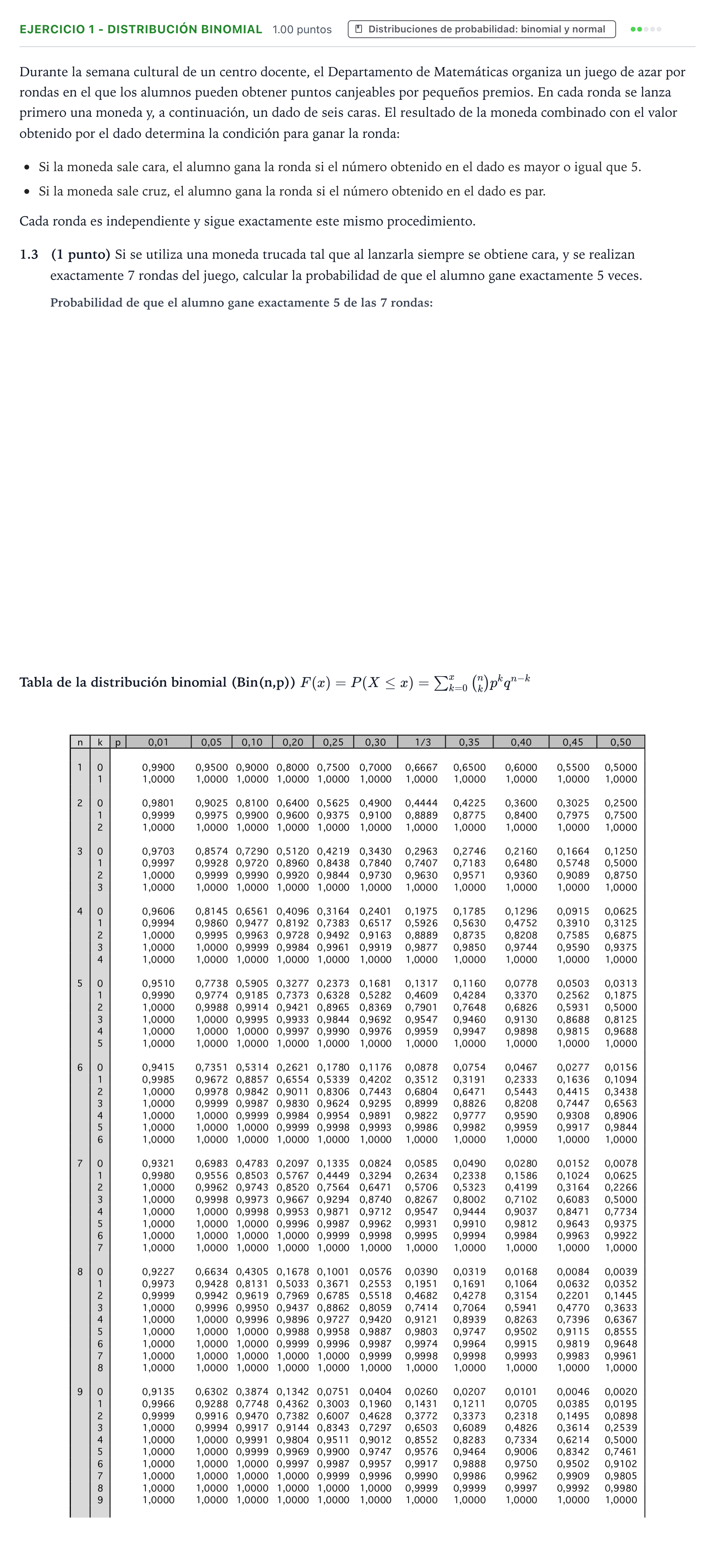 Enunciado: Ejercicio 1 - Distribución binomial · Matemáticas II PAU Valencia Ordinaria solapamiento 2026