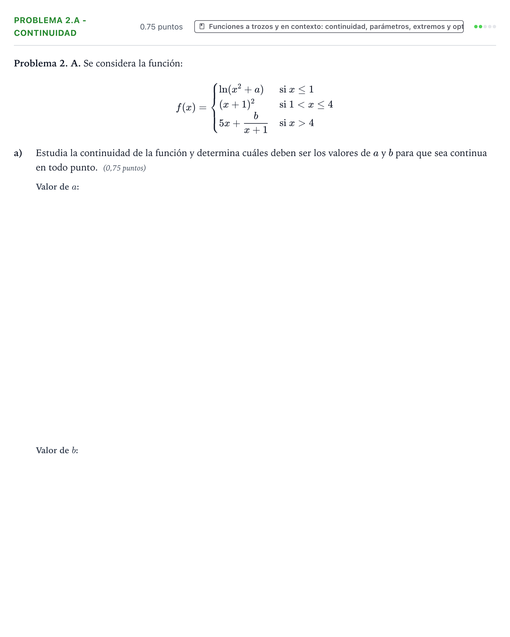 Enunciado: Problema 2.A - Continuidad · Matemáticas aplicadas a las Ciencias Sociales II PAU Valencia Ordinaria solapamiento 2026
