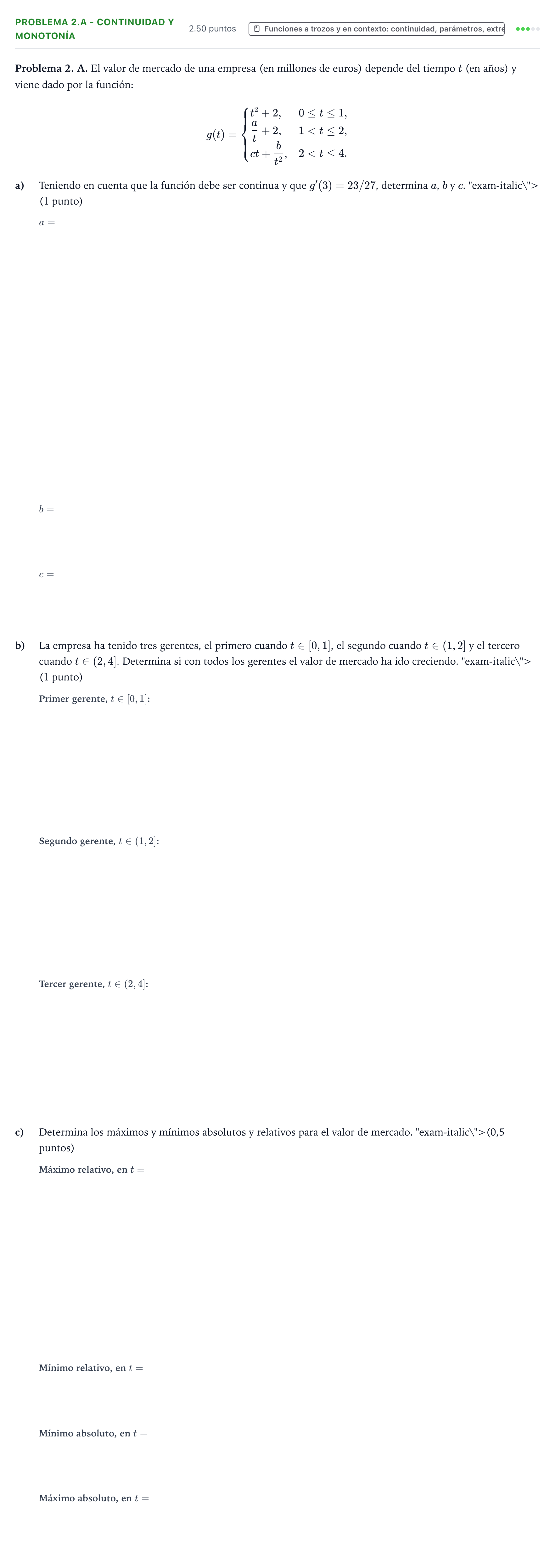 Enunciado: Problema 2.A - Continuidad y monotonía · Matemáticas aplicadas a las Ciencias Sociales II PAU Valencia Ordinaria 2026