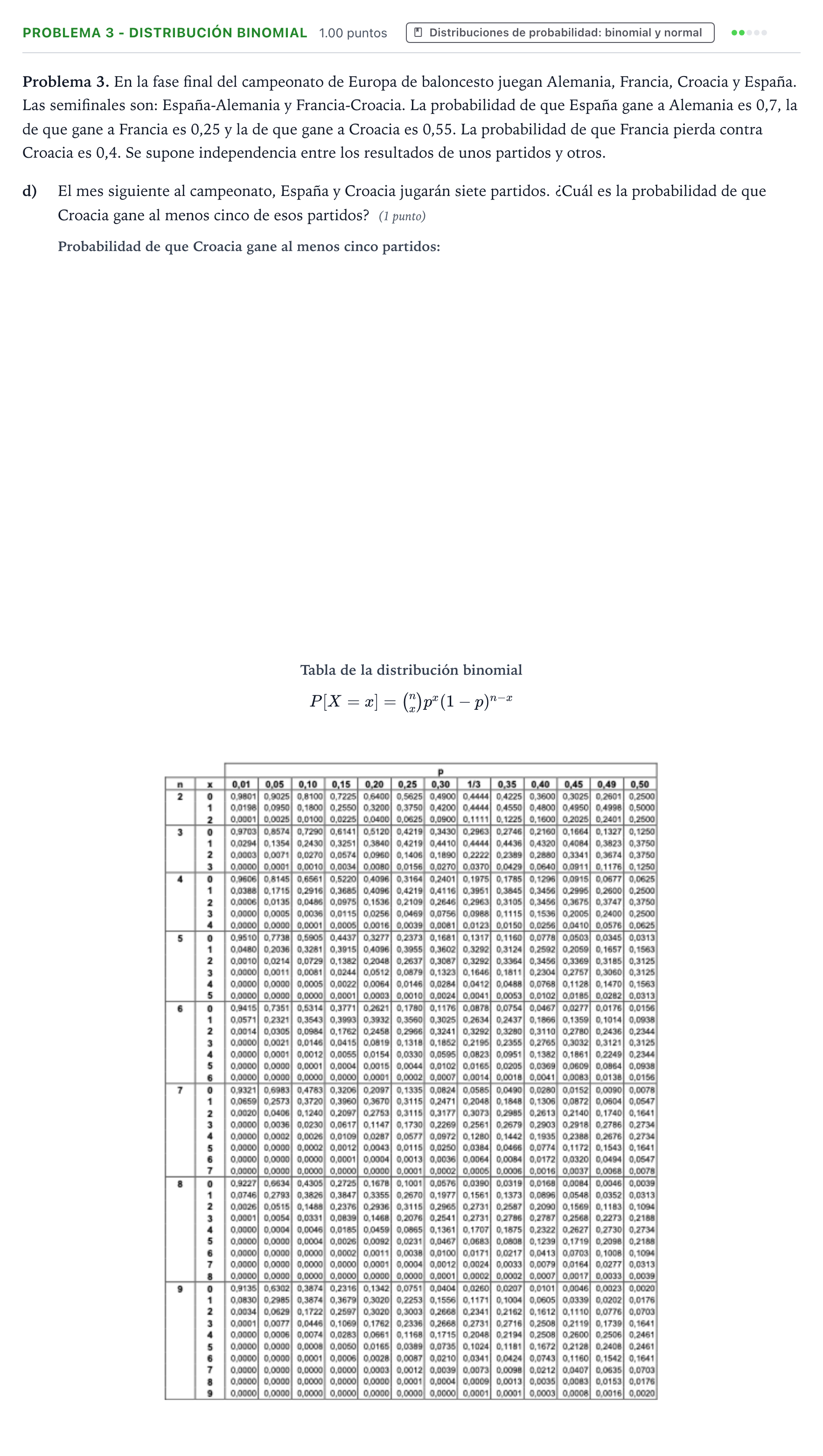 Enunciado: Problema 3 - Distribución binomial · Matemáticas aplicadas a las Ciencias Sociales II PAU Valencia Extraordinaria solapamiento 2026