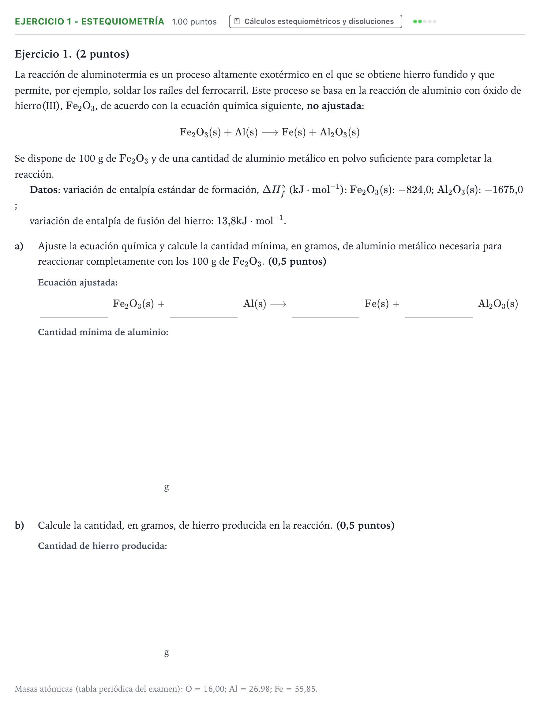 Enunciado: Ejercicio 1 - Estequiometría · Química PAU Valencia Extraordinaria 2026