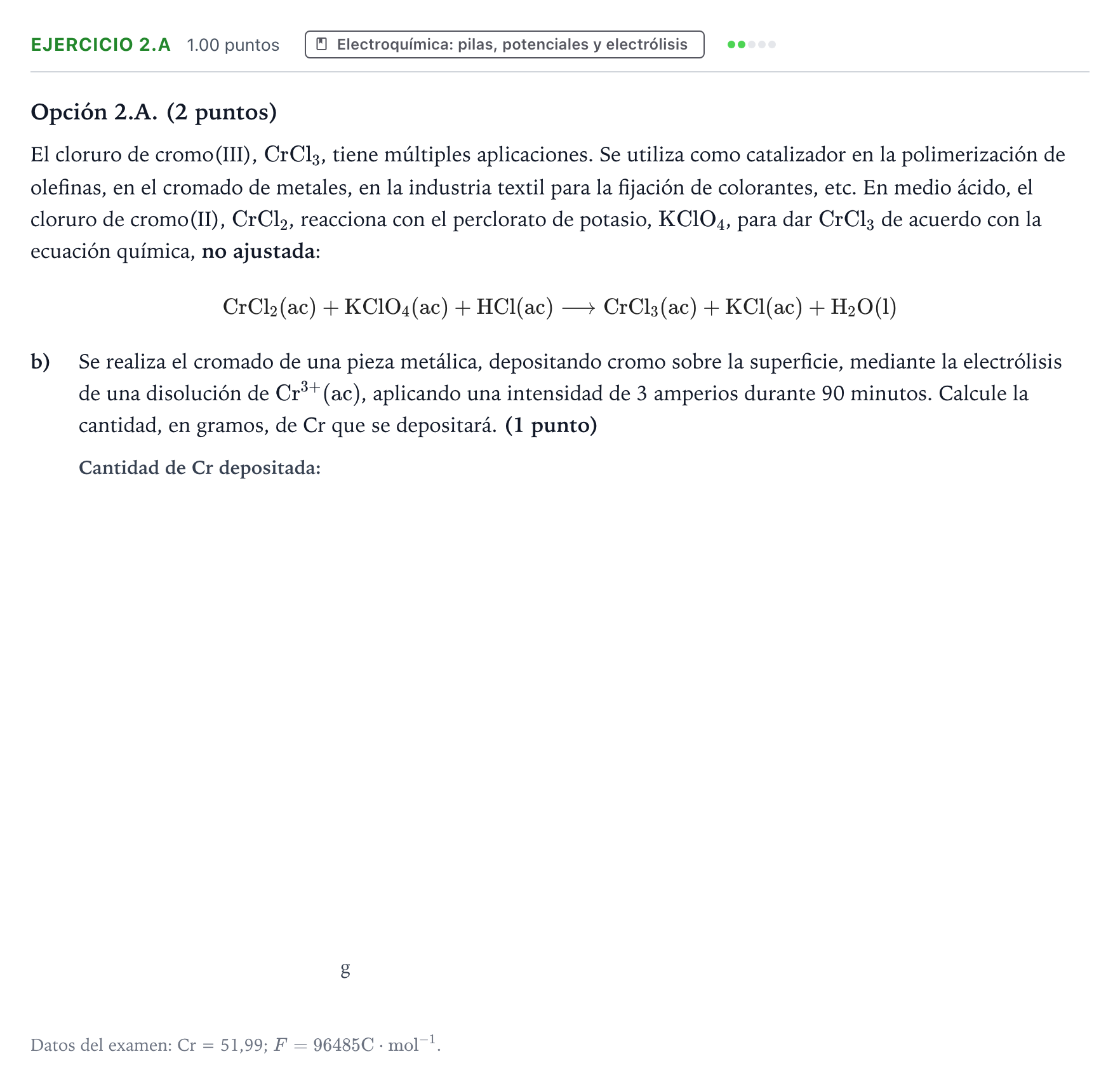 Enunciado: Ejercicio 2.A - Electroquímica · Química PAU Valencia Extraordinaria 2026