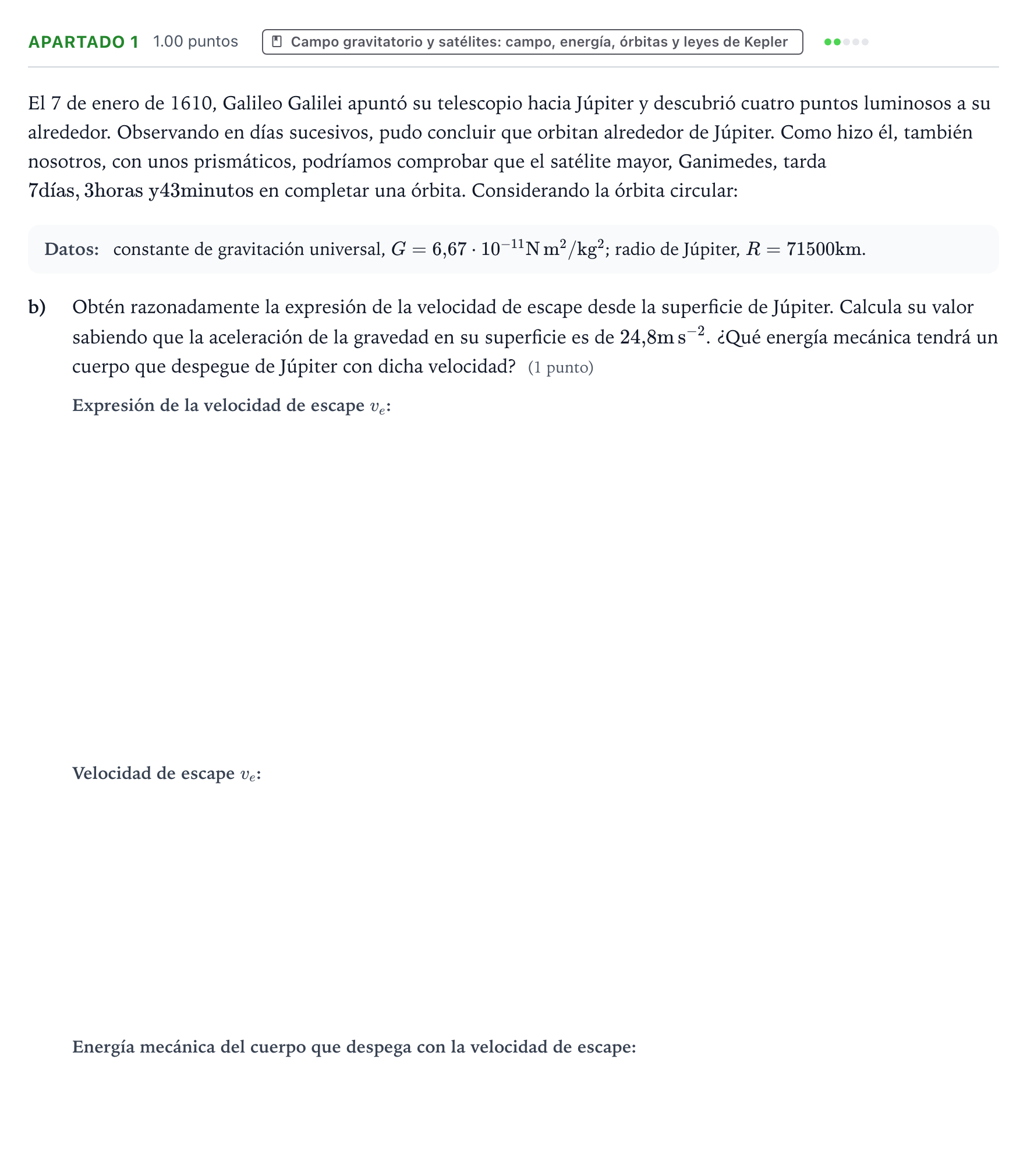 Enunciado: Apartado 1 - Campo gravitatorio · Física PAU Valencia Extraordinaria 2026