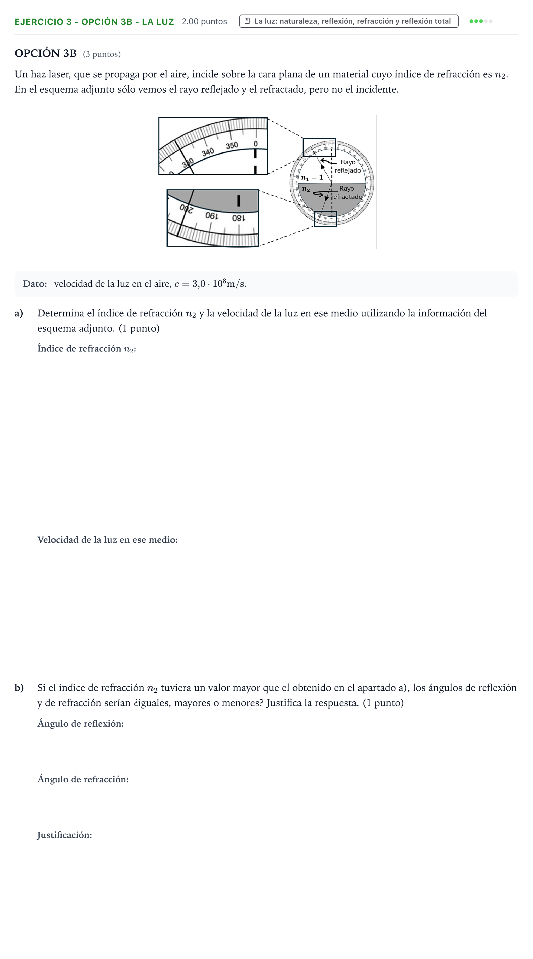 Enunciado: Ejercicio 3 - Opción 3B - La luz · Física PAU Valencia Ordinaria 2026