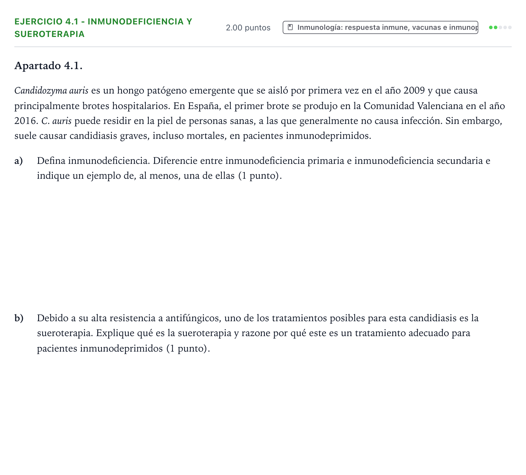 Enunciado: Ejercicio 4.1 - Inmunodeficiencia y sueroterapia · Biología PAU Valencia Extraordinaria 2026