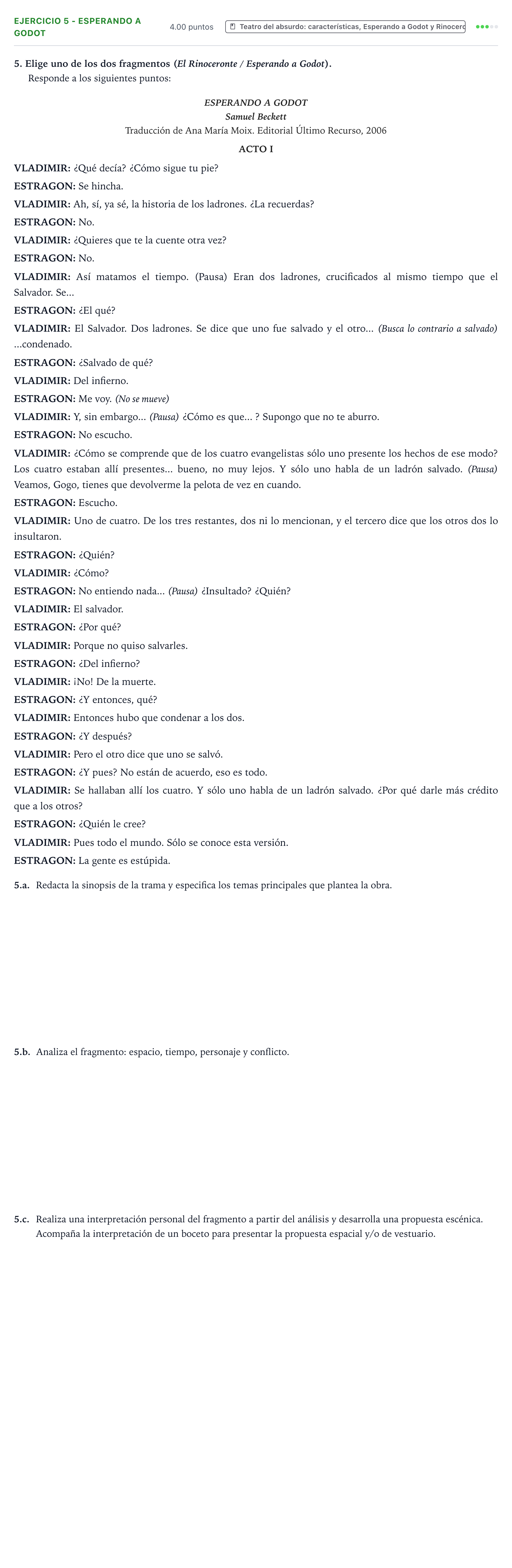 Enunciado: Ejercicio 5 - Esperando a Godot · Artes Escénicas PAU Valencia Extraordinaria 2026