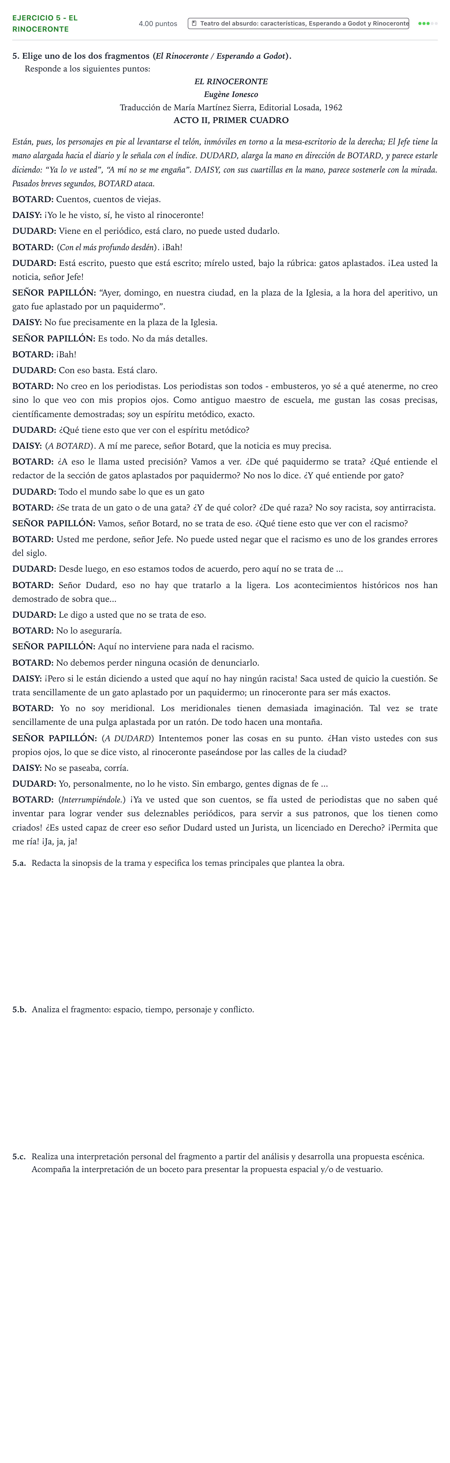 Enunciado: Ejercicio 5 - El Rinoceronte · Artes Escénicas PAU Valencia Extraordinaria 2026