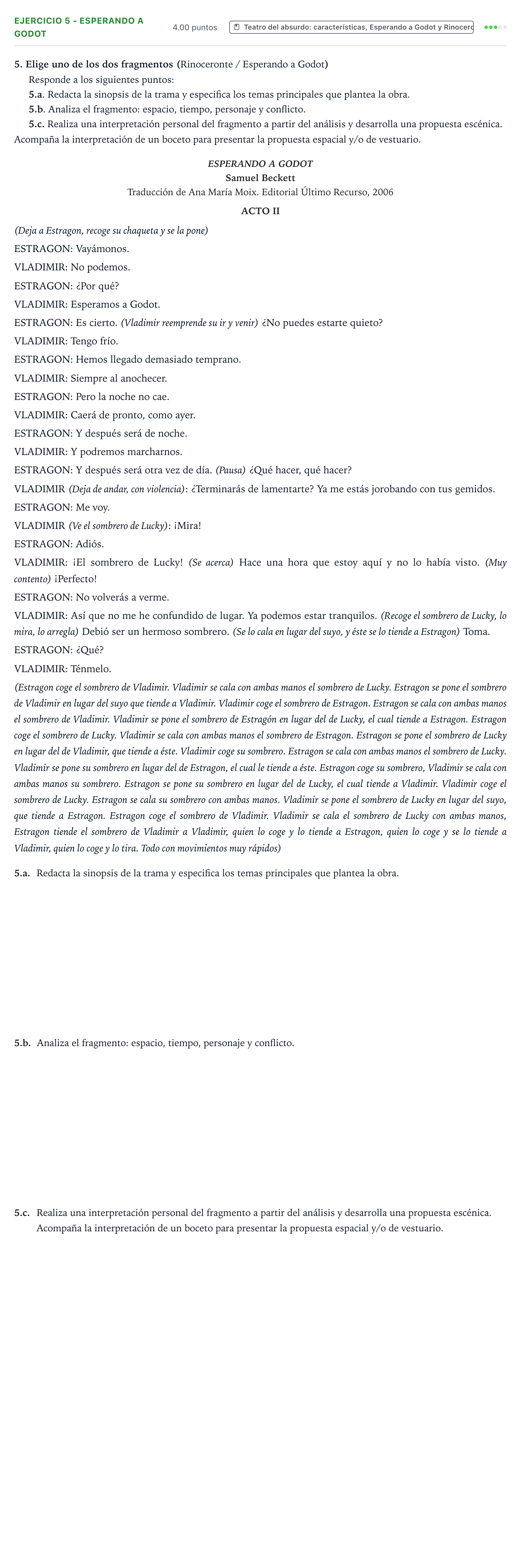 Enunciado: Ejercicio 5 - Esperando a Godot · Artes Escénicas PAU Valencia Extraordinaria solapamiento 2026