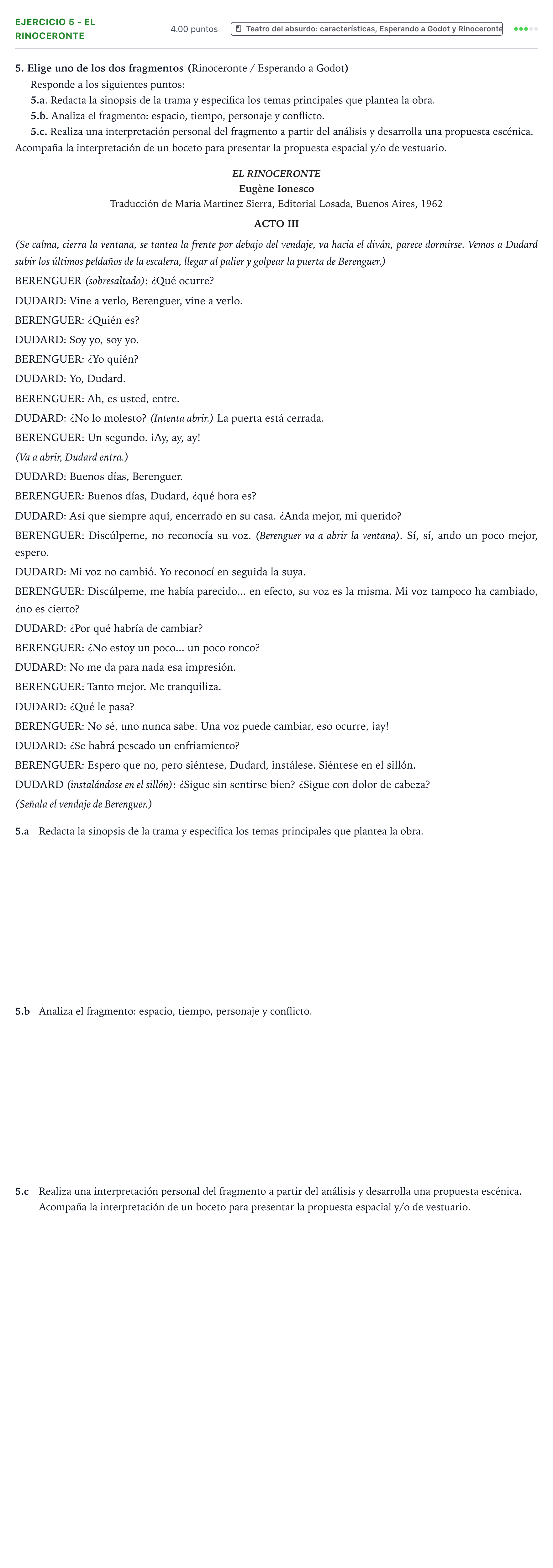 Enunciado: Ejercicio 5 - El rinoceronte · Artes Escénicas PAU Valencia Extraordinaria solapamiento 2026