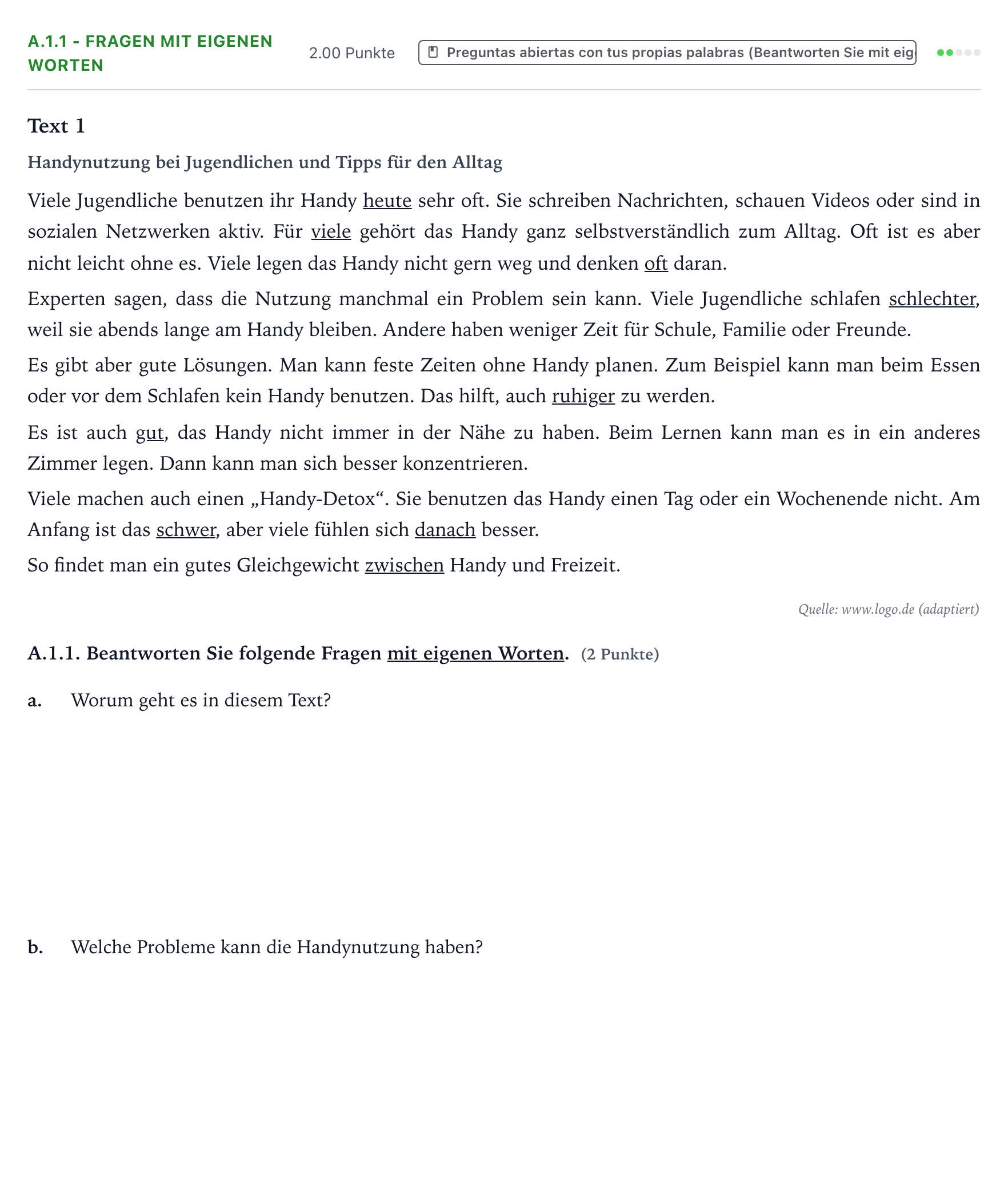 Enunciado: Ejercicio A.1.1 - Fragen mit eigenen Worten · Alemán PAU Valencia Extraordinaria 2026