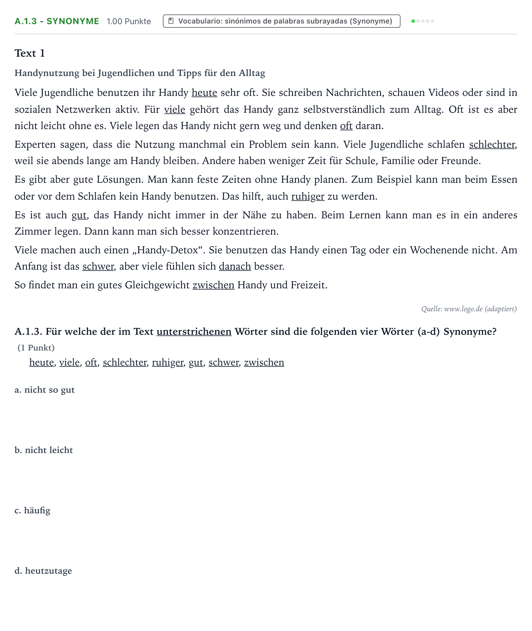 Enunciado: Ejercicio A.1.3 - Synonyme · Alemán PAU Valencia Extraordinaria 2026