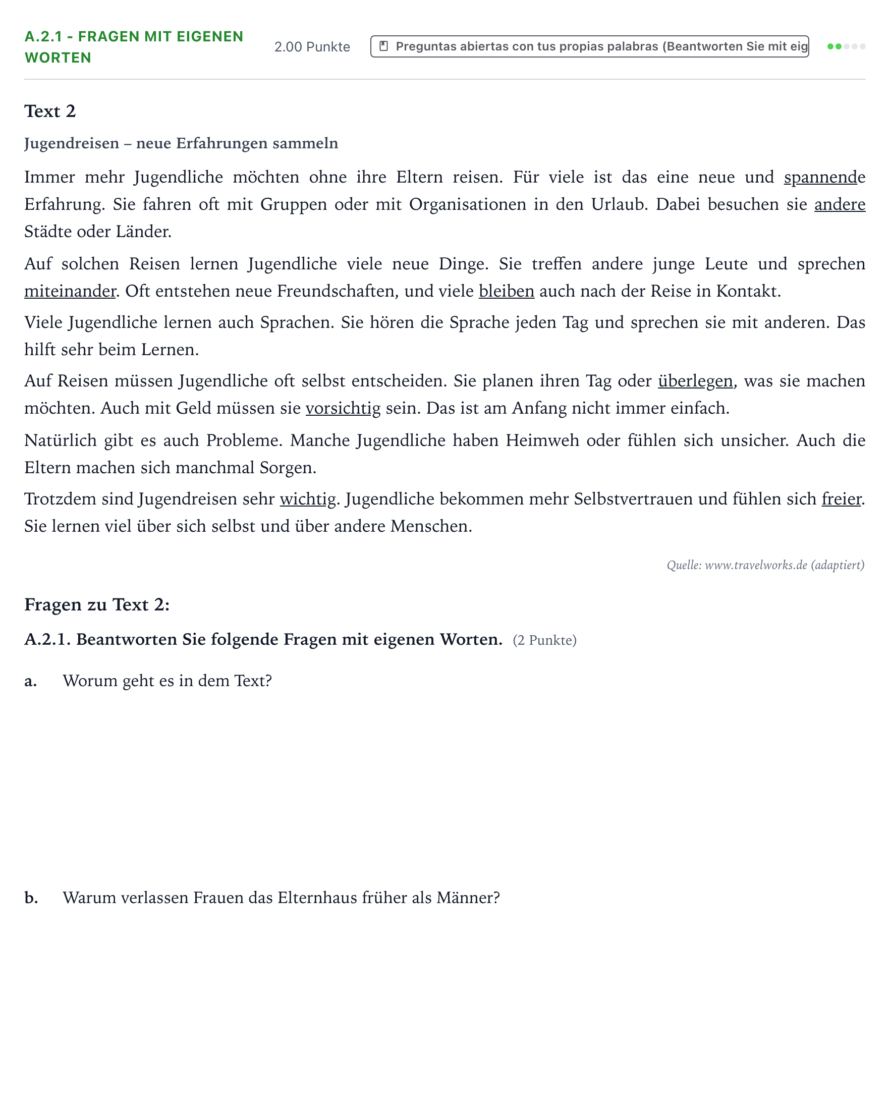 Enunciado: Ejercicio A.2.1 - Fragen mit eigenen Worten · Alemán PAU Valencia Extraordinaria 2026