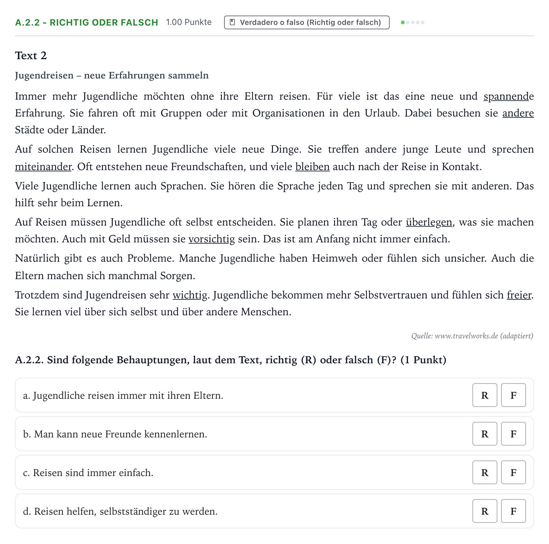 Enunciado: Ejercicio A.2.2 - Richtig oder falsch · Alemán PAU Valencia Extraordinaria 2026
