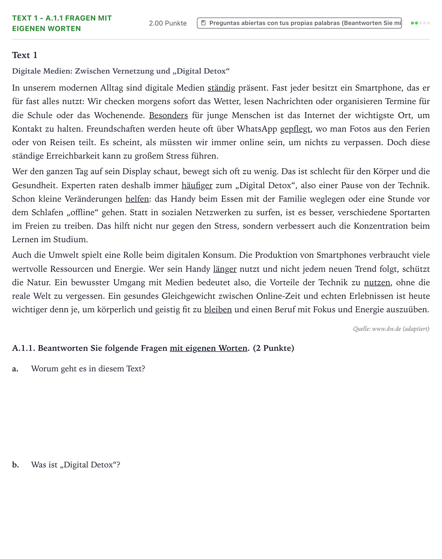 Enunciado: Ejercicio Text 1 - A.1.1 Fragen mit eigenen Worten · Alemán PAU Valencia Ordinaria 2026