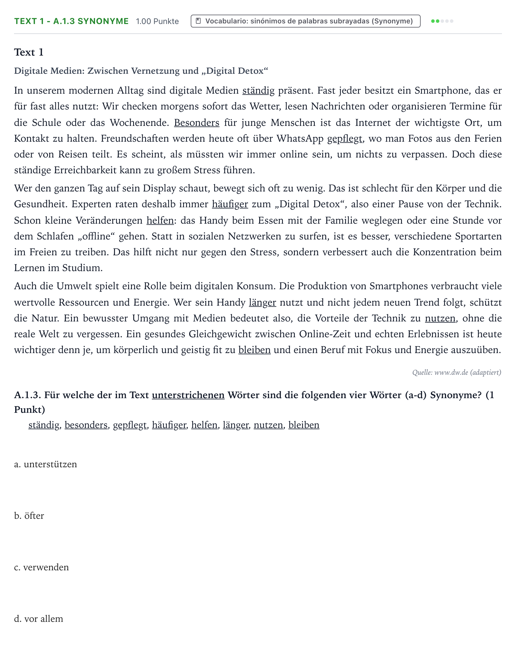 Enunciado: Ejercicio Text 1 - A.1.3 Synonyme · Alemán PAU Valencia Ordinaria 2026