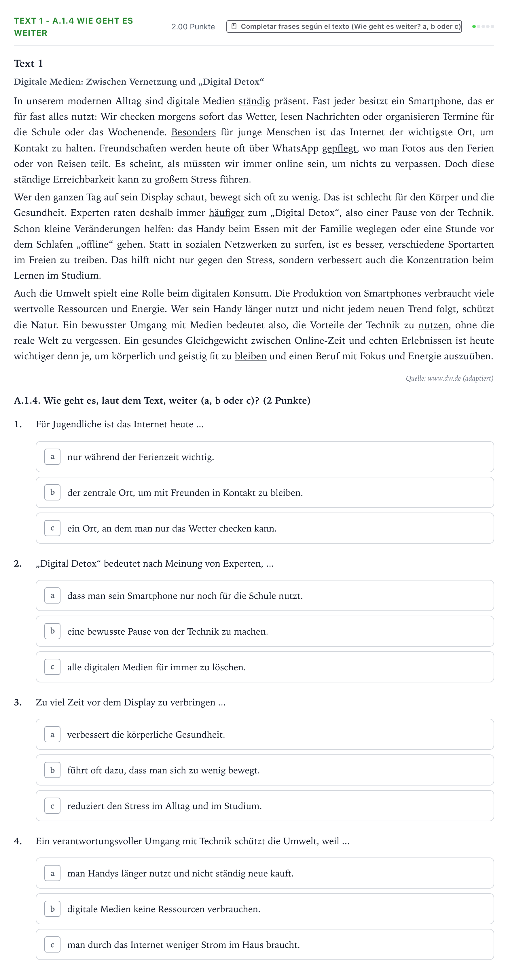 Enunciado: Ejercicio Text 1 - A.1.4 Wie geht es weiter · Alemán PAU Valencia Ordinaria 2026