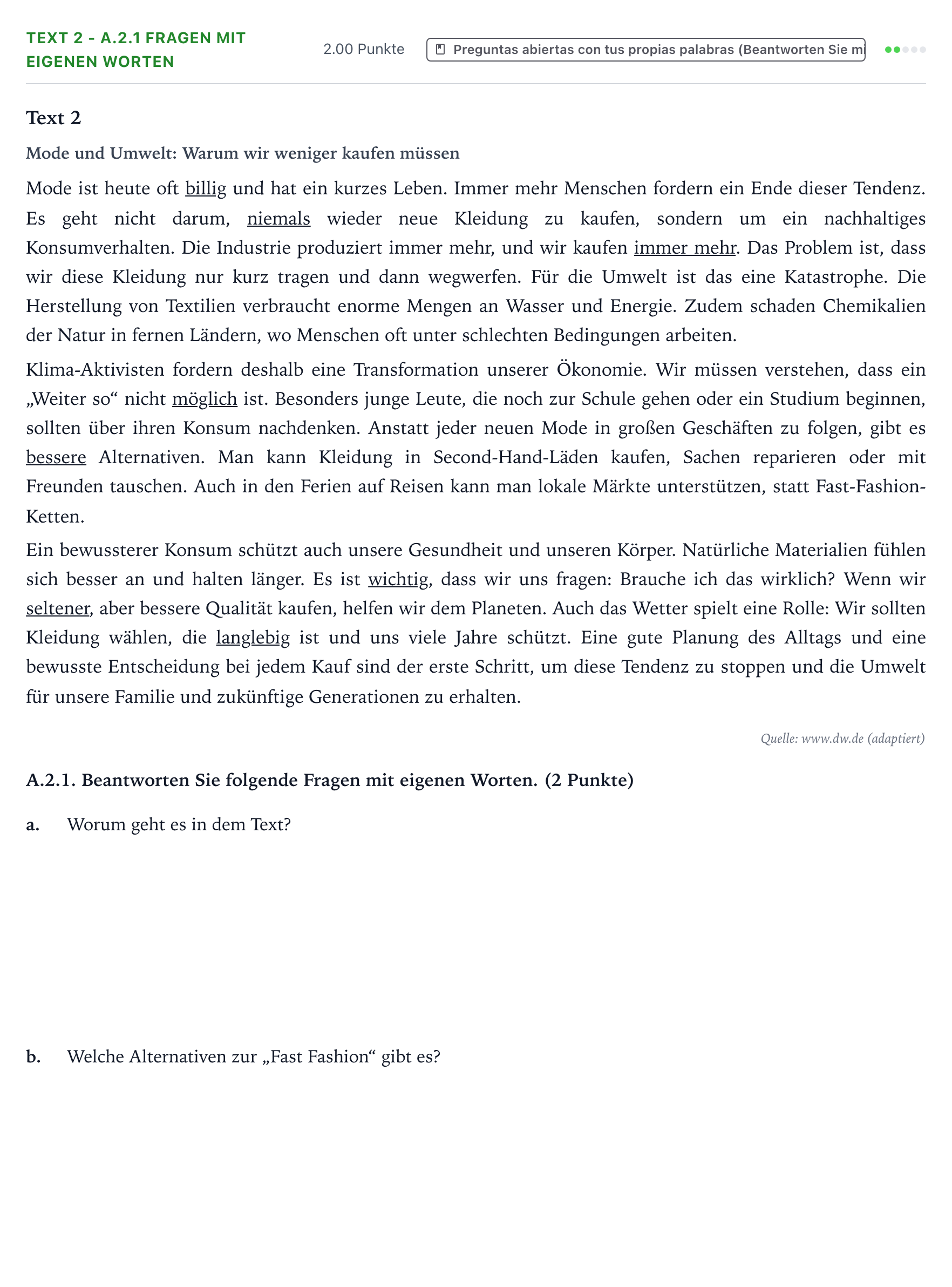 Enunciado: Ejercicio Text 2 - A.2.1 Fragen mit eigenen Worten · Alemán PAU Valencia Ordinaria 2026