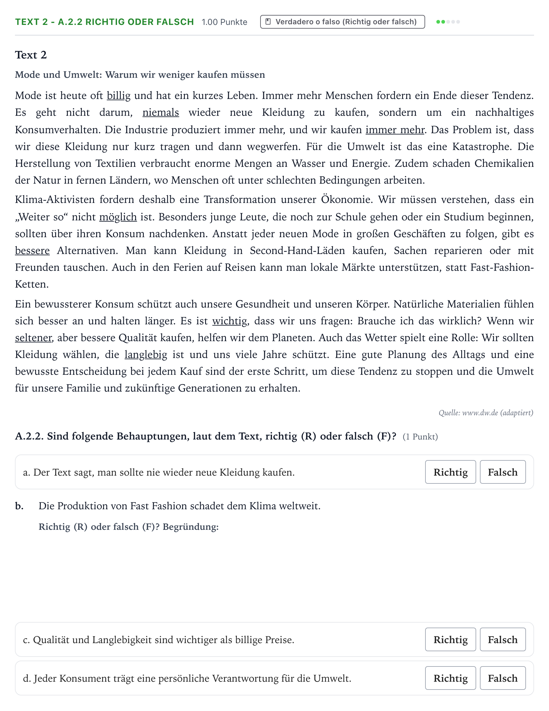 Enunciado: Ejercicio Text 2 - A.2.2 Richtig oder falsch · Alemán PAU Valencia Ordinaria 2026