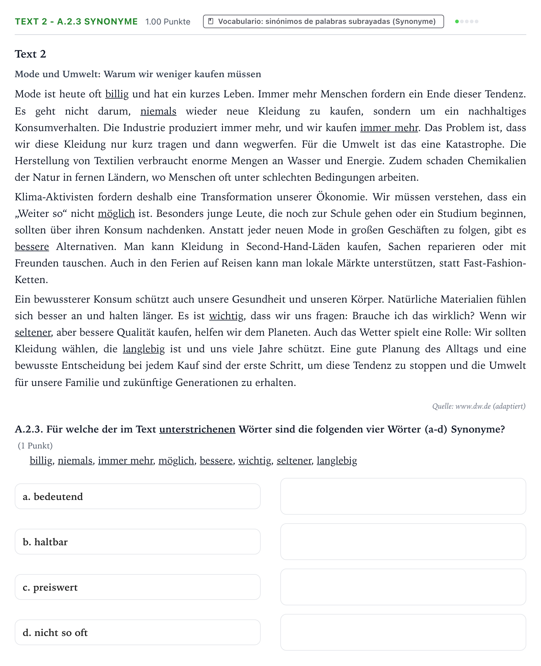 Enunciado: Ejercicio Text 2 - A.2.3 Synonyme · Alemán PAU Valencia Ordinaria 2026