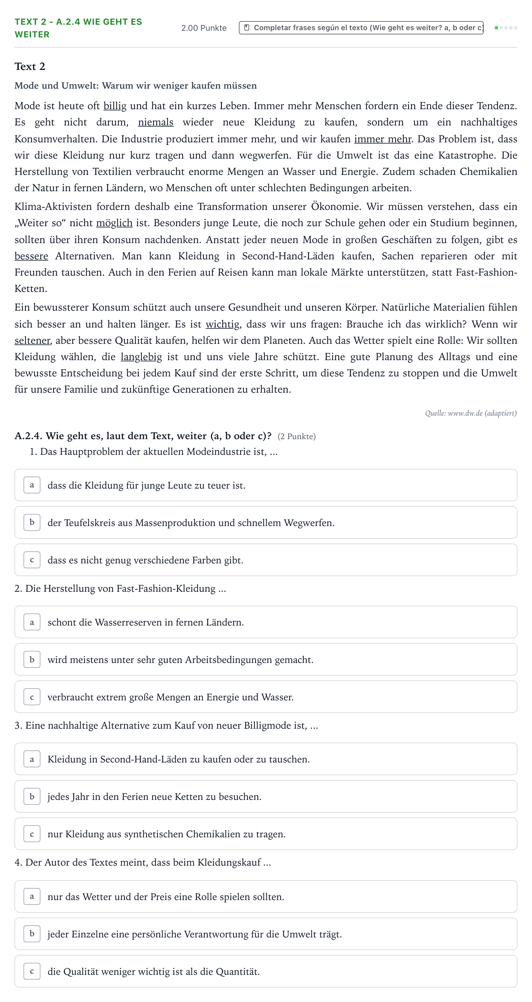 Enunciado: Ejercicio Text 2 - A.2.4 Wie geht es weiter · Alemán PAU Valencia Ordinaria 2026
