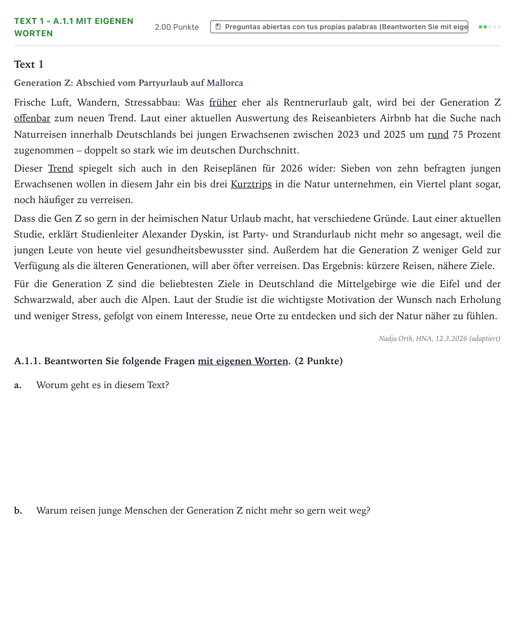 Enunciado: Ejercicio Text 1 - A.1.1 Mit eigenen Worten · Alemán PAU Valencia Ordinaria solapamiento 2026