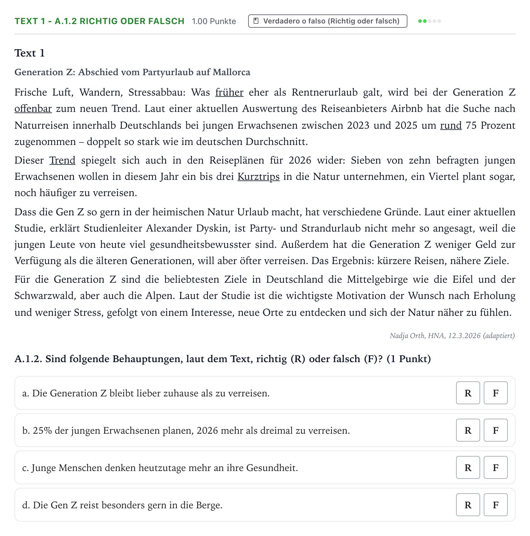 Enunciado: Ejercicio Text 1 - A.1.2 Richtig oder falsch · Alemán PAU Valencia Ordinaria solapamiento 2026
