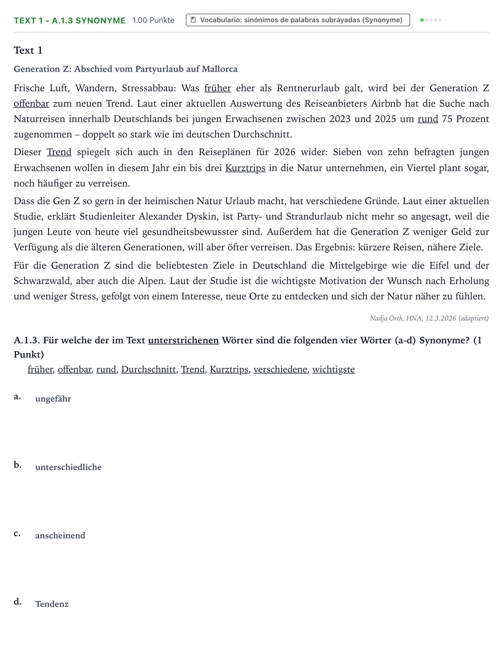 Enunciado: Ejercicio Text 1 - A.1.3 Synonyme · Alemán PAU Valencia Ordinaria solapamiento 2026