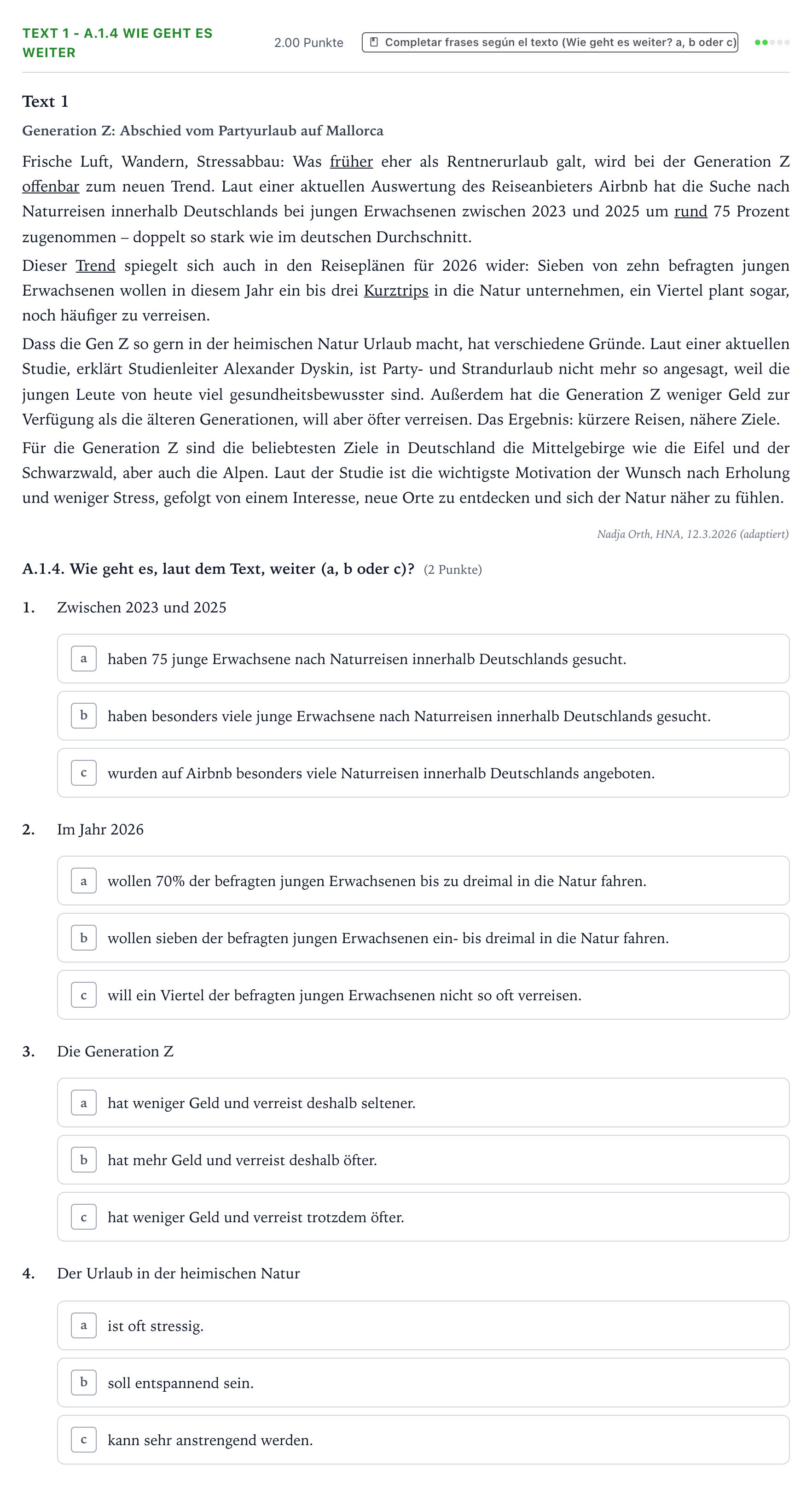 Enunciado: Ejercicio Text 1 - A.1.4 Wie geht es weiter · Alemán PAU Valencia Ordinaria solapamiento 2026