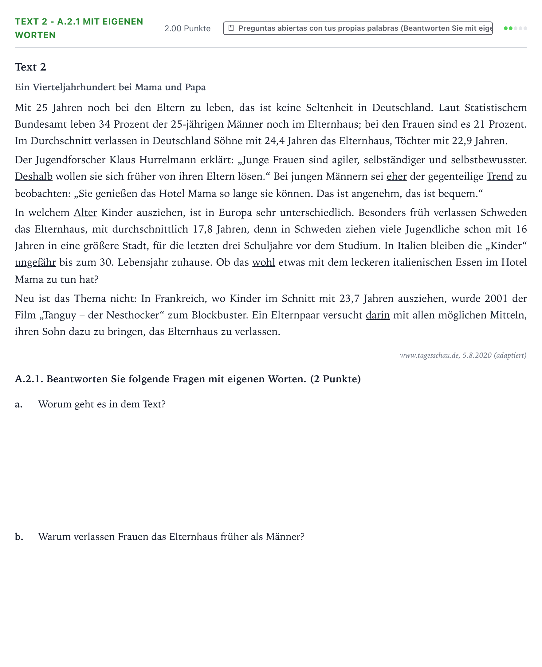 Enunciado: Ejercicio Text 2 - A.2.1 Mit eigenen Worten · Alemán PAU Valencia Ordinaria solapamiento 2026