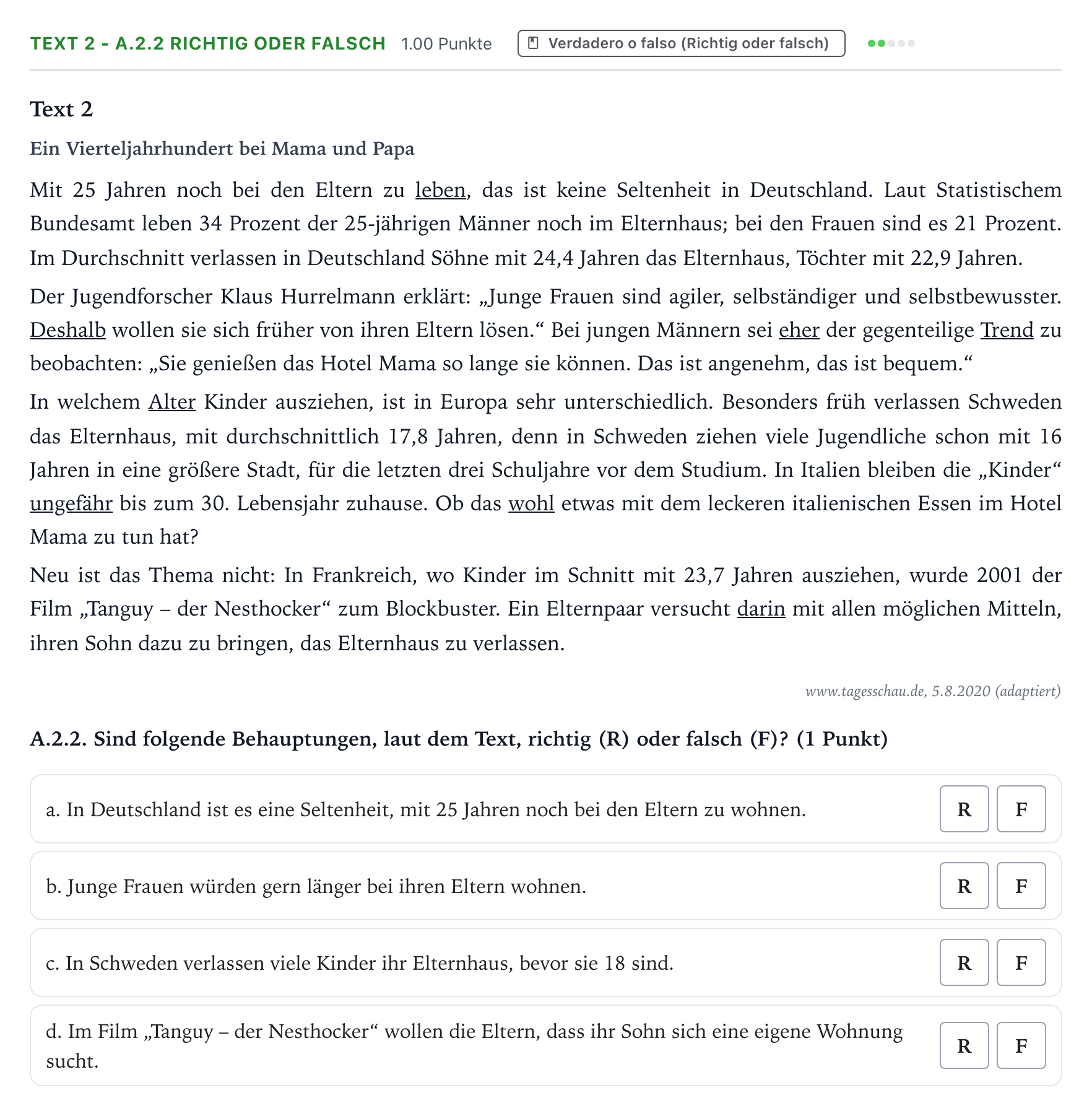 Enunciado: Ejercicio Text 2 - A.2.2 Richtig oder falsch · Alemán PAU Valencia Ordinaria solapamiento 2026