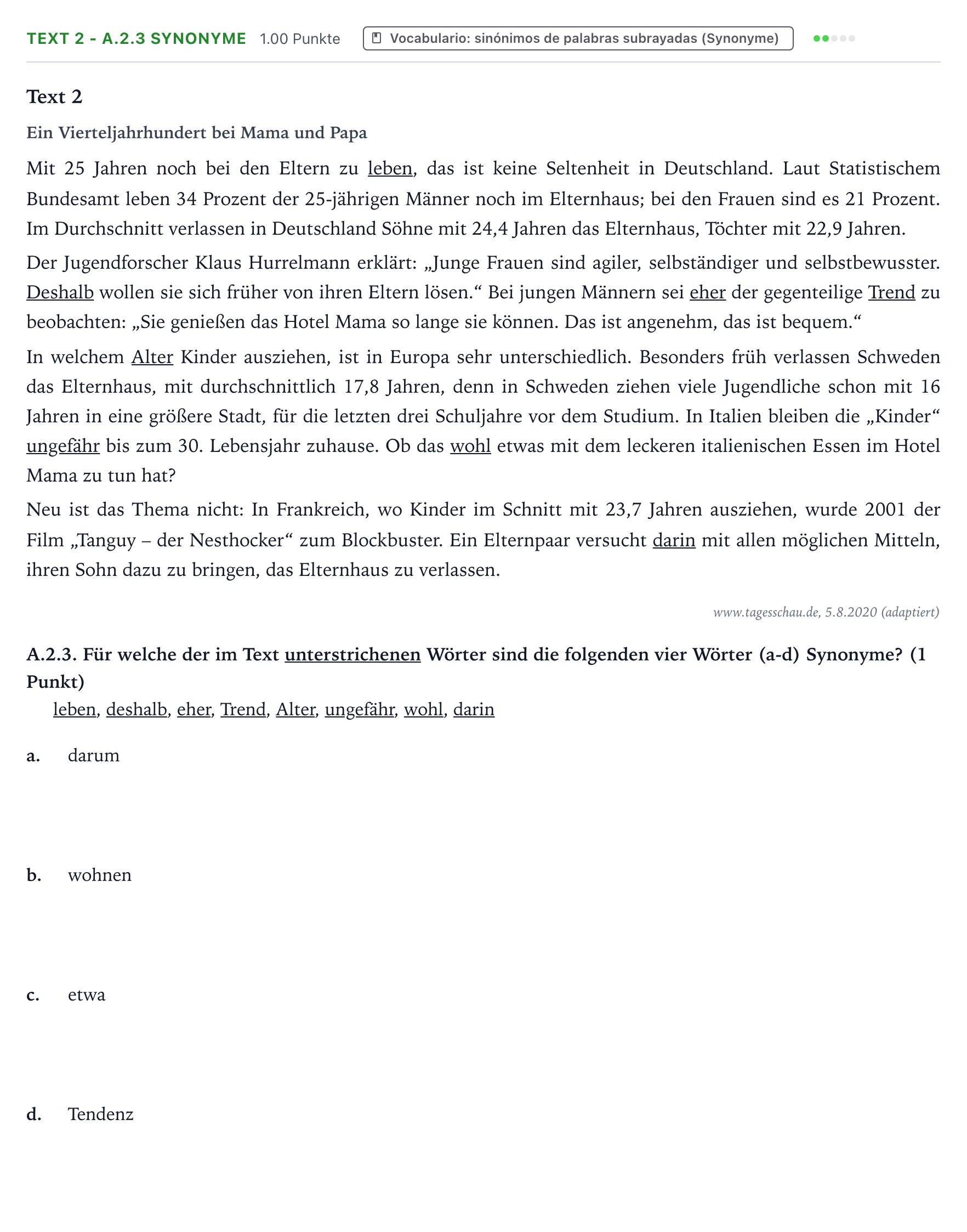 Enunciado: Ejercicio Text 2 - A.2.3 Synonyme · Alemán PAU Valencia Ordinaria solapamiento 2026
