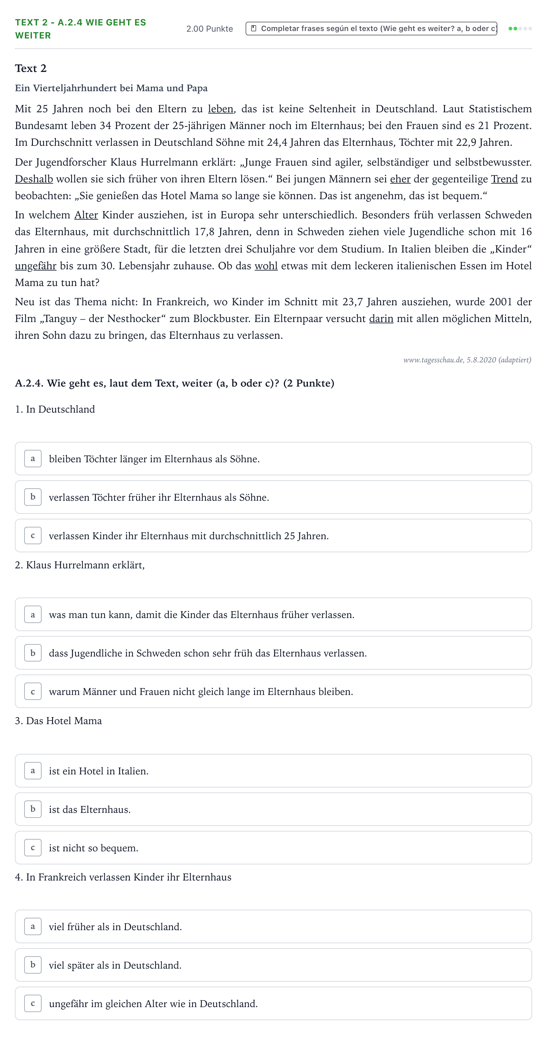 Enunciado: Ejercicio Text 2 - A.2.4 Wie geht es weiter · Alemán PAU Valencia Ordinaria solapamiento 2026